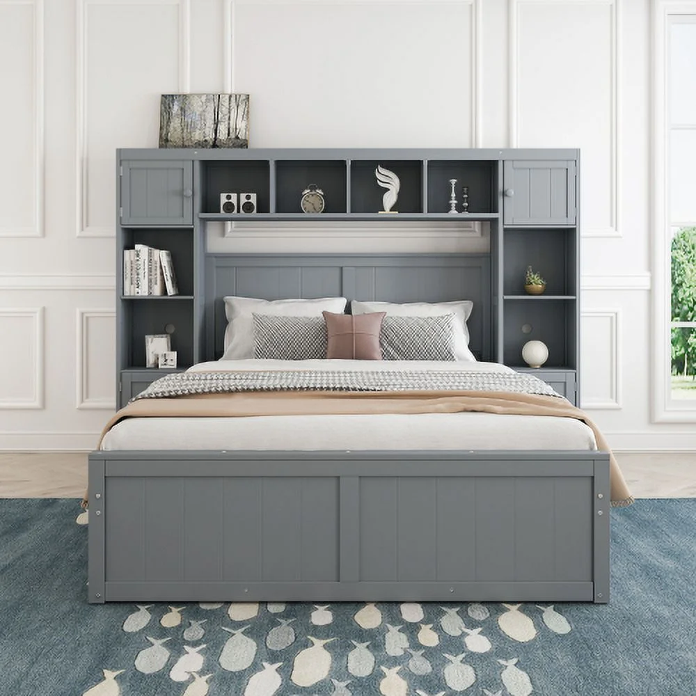 Elegant and Functional Full Size Wood Bed with 4 Drawers and All-in-One Cabinet and Shelf, Grey