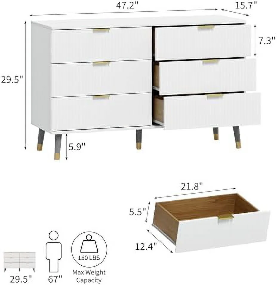 RUNFAYBIU Dresser for Bedroom  6 Drawer Dresser with Metal Handles  Modern White Dresser with Spacious  Space  Deep Chest of Drawer for Living Room  Hallway and Nursery.