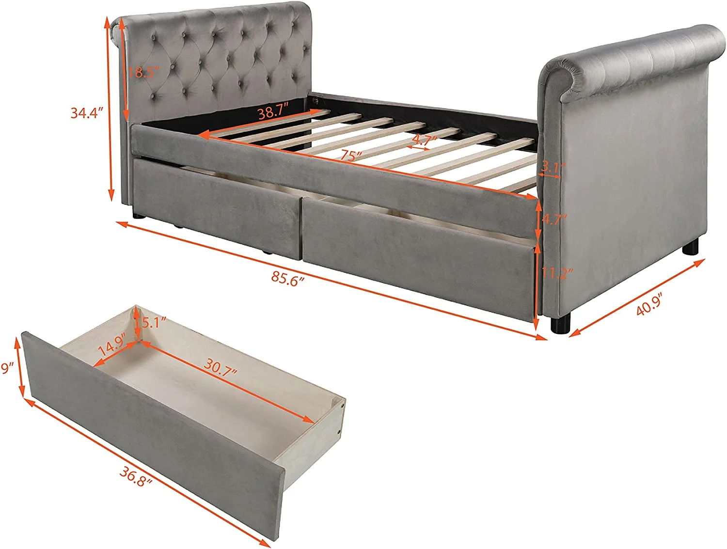 Daybed With Storage Drawers, Size Upholstered Daybed With Wood Slat Support, Upholstered Tufted Sofa Bed, No Box Spring Needed (, Grey)