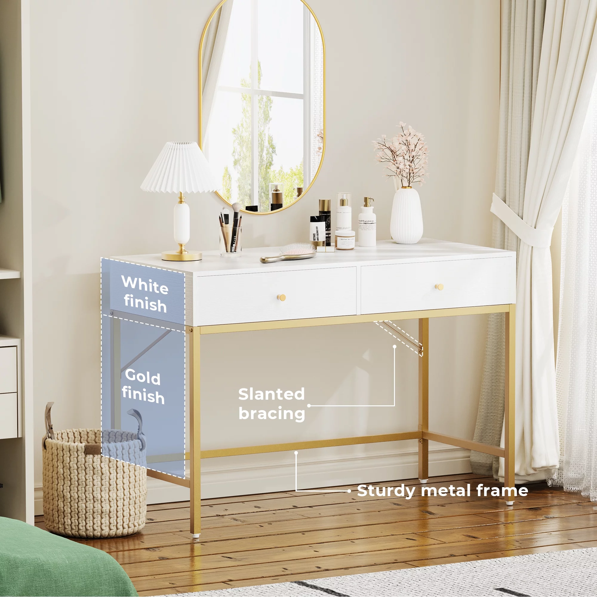 SUPERJARE Vanity Desk with Drawers, 47 inch Computer Desk, Makeup Vanity, Dressing Table for Bedroom, White and Gold