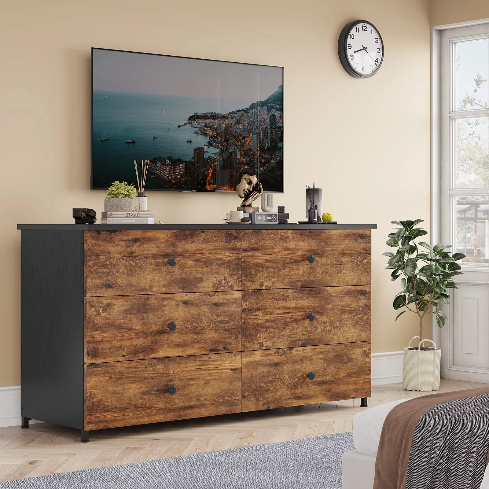 6 Drawer Dresser for Bedroom, Modern Chest of Drawers Storage Cabinet with Heavy Sturdy Steel Frame for Living Room Hallway, Brown