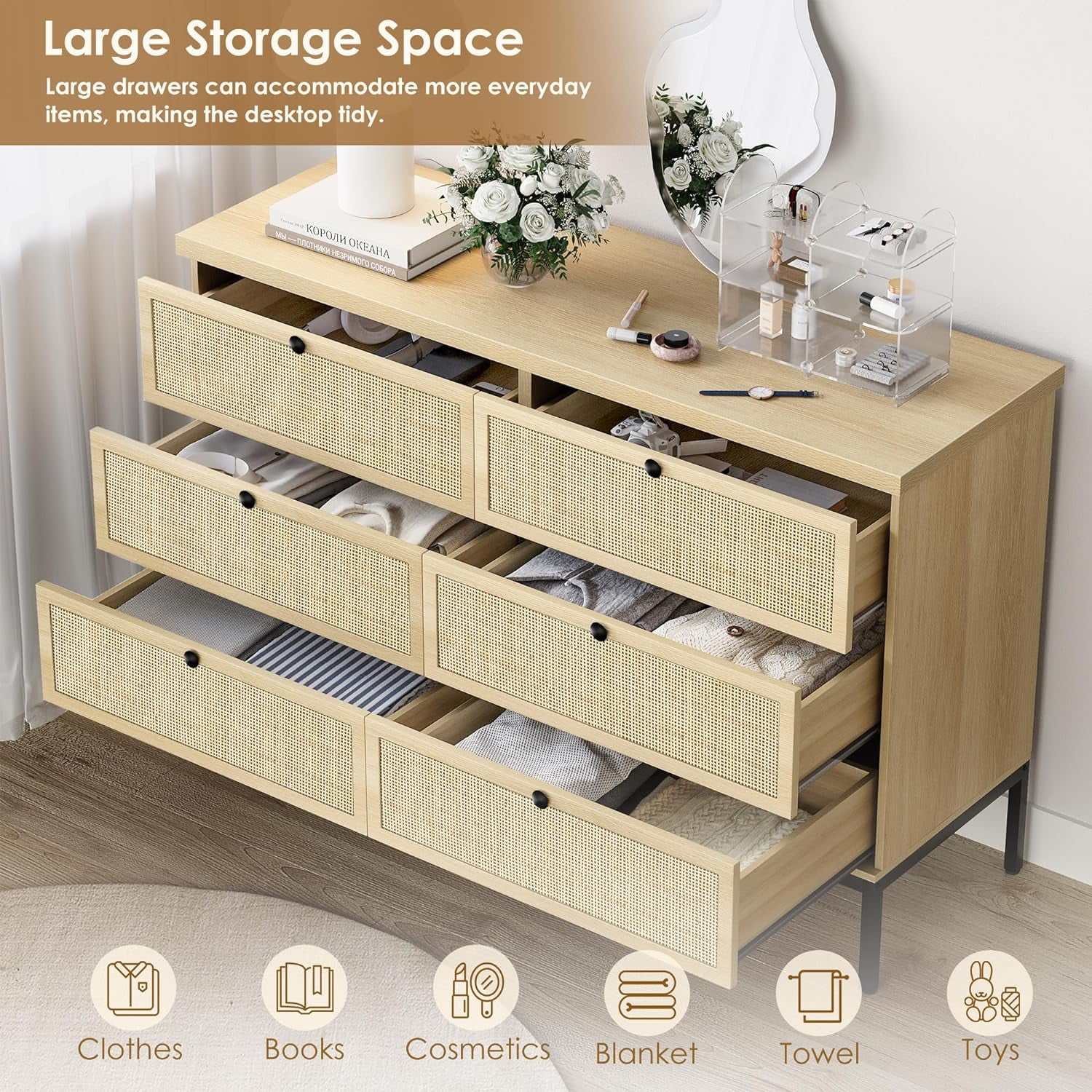 Brafab 6 Drawers Dresser,Mid-Century Natural Rattan Dressers Wood Storage Cabinet for Living Room, Nursery