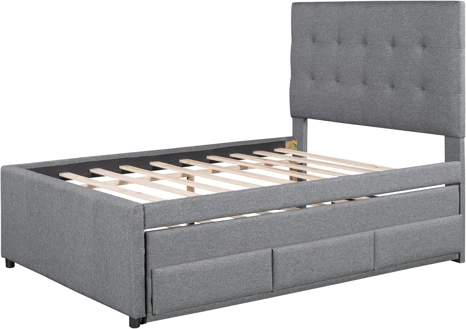 Full Size Upholstered Platform Bed with Pull-Out Twin Size Trundle and 3 Drawers
