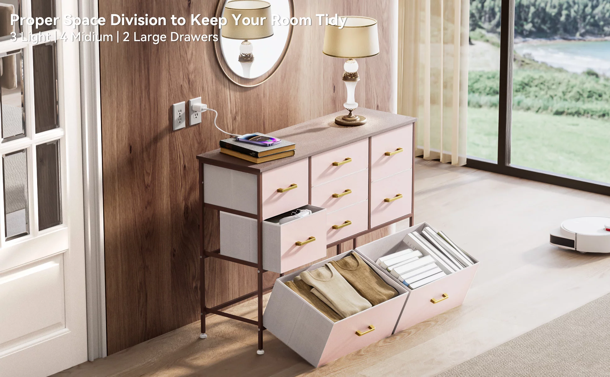 YILQQPER 9 Drawer Fabric Dresser Media Dresser Chest Storage Organizer for Living Room Storage Dresser with Strong Steel Frame WoodBoard and Artificial Leather for Living Room, Kids Bedroom