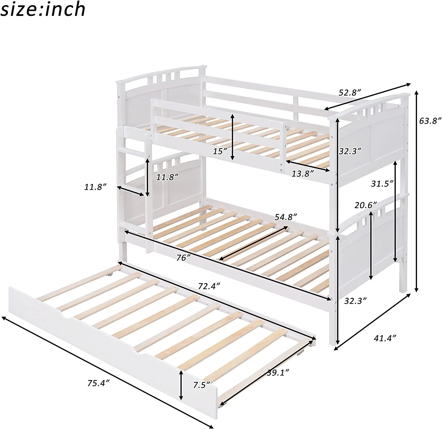Wooden Bunk Bed With Trundle, Separable Full Bunk Bed Can Be Separated Into 2 Beds, White