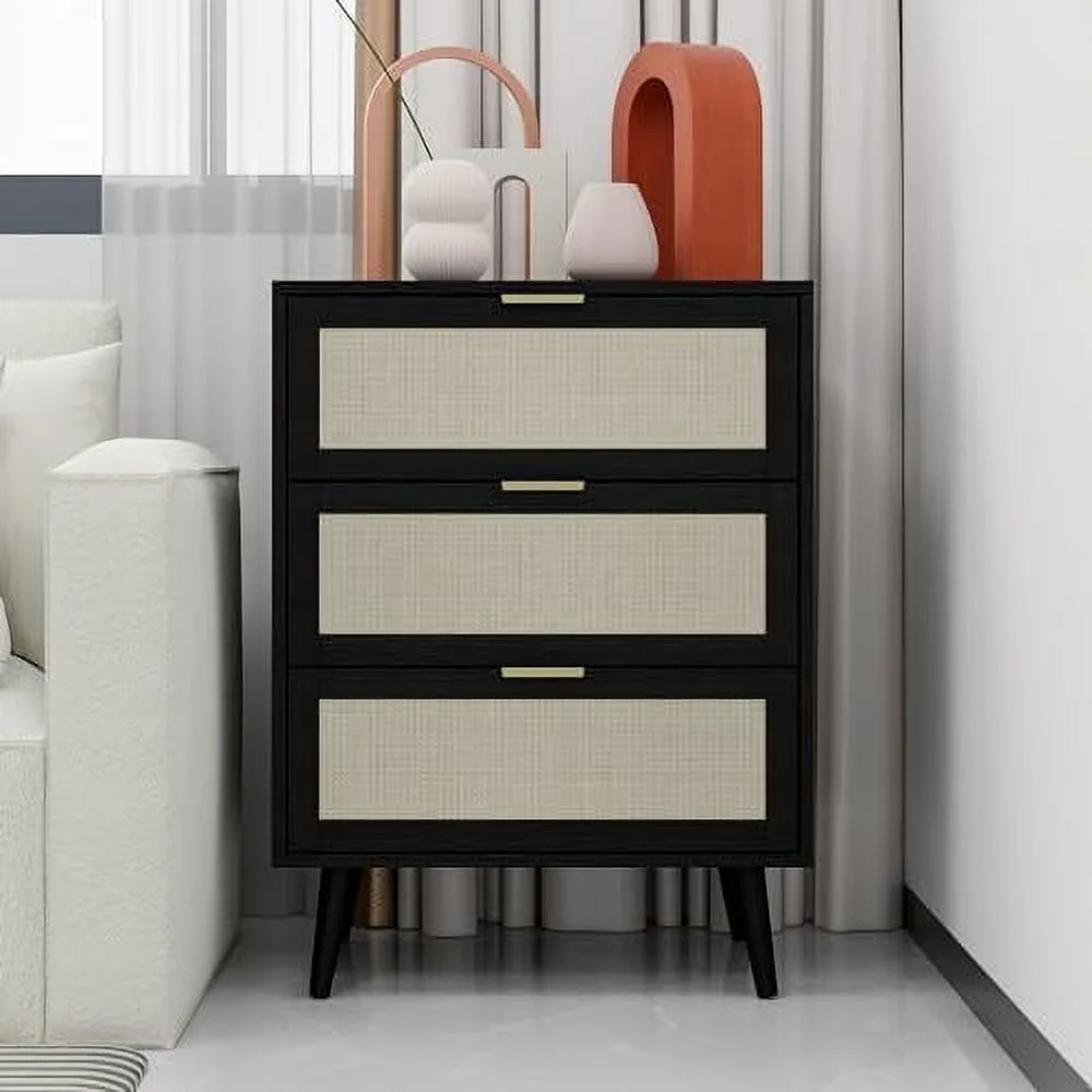 Modern Rattan Dresser Cabinet with 3 Drawers  Natural Nightstand Sofa End Table with 4 Removable Legs  Stable and Durable Dresser Suitable for Bedroom/Living Room