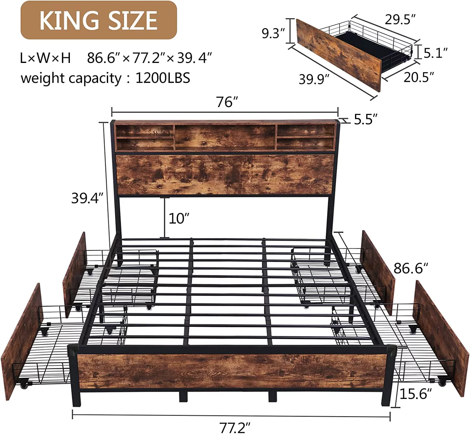 Alohappy King Bed Frame with Bookcase Headboard and 4 Storage Drawers,Metal Platform Bed Frame King Size,Double-Row Support Bars, Easy Assembly, Noise-Free, No Box Spring Needed (Vintage Brown)