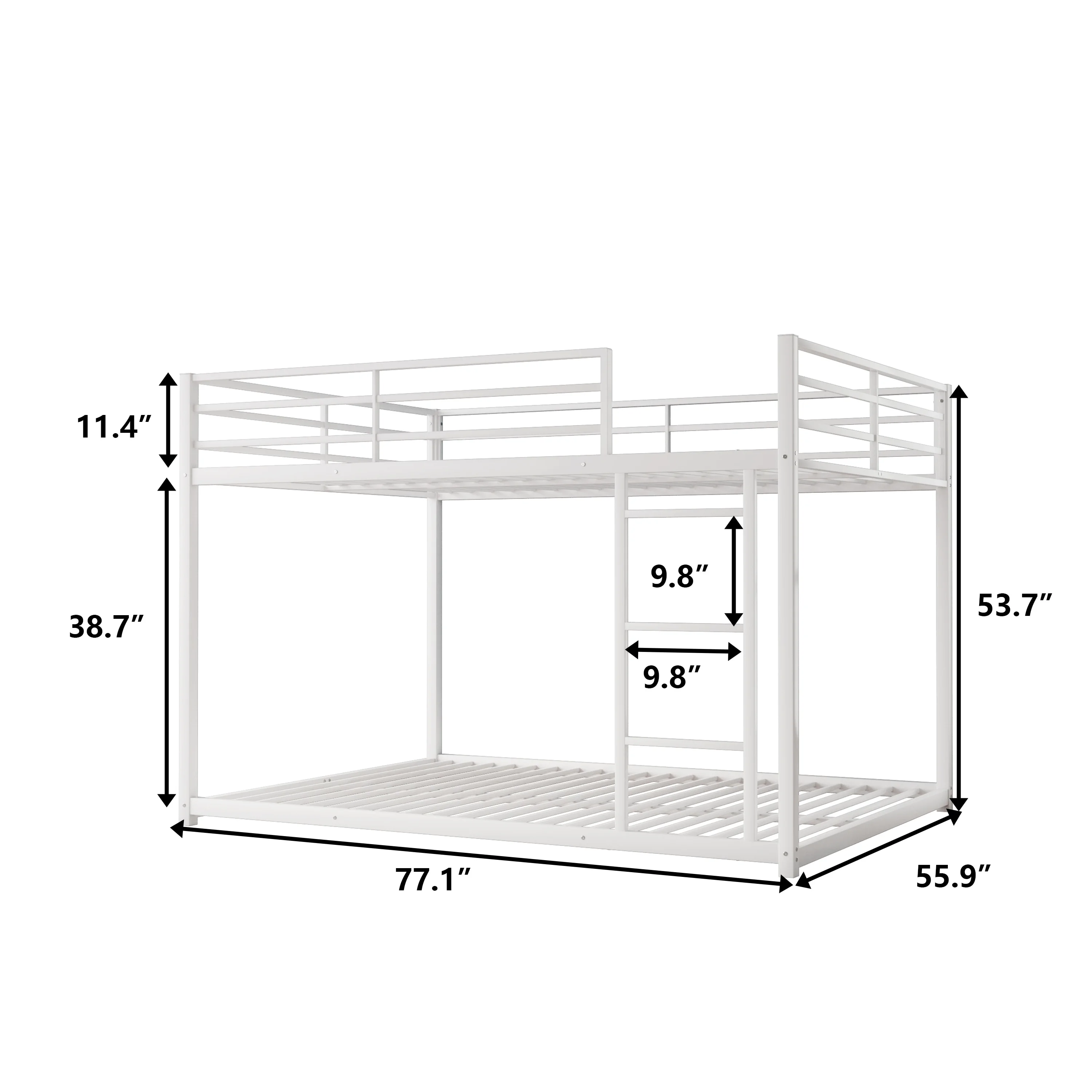 Full over Full Metal Bunk Bed, Low Bunk Bed with Ladder White