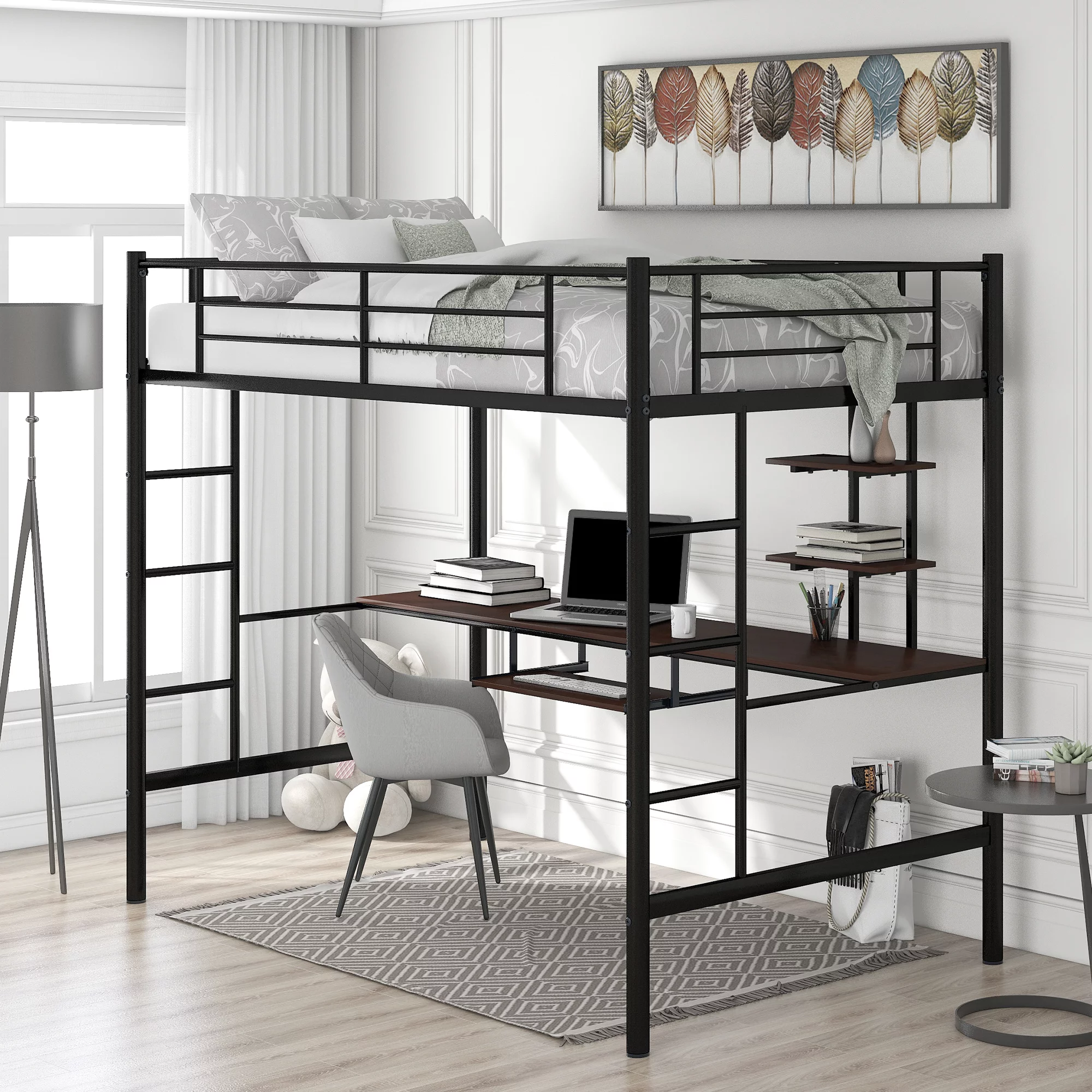 Euroco Metal Twin Size Loft Bed with Desk and Shelf for Kids, Black