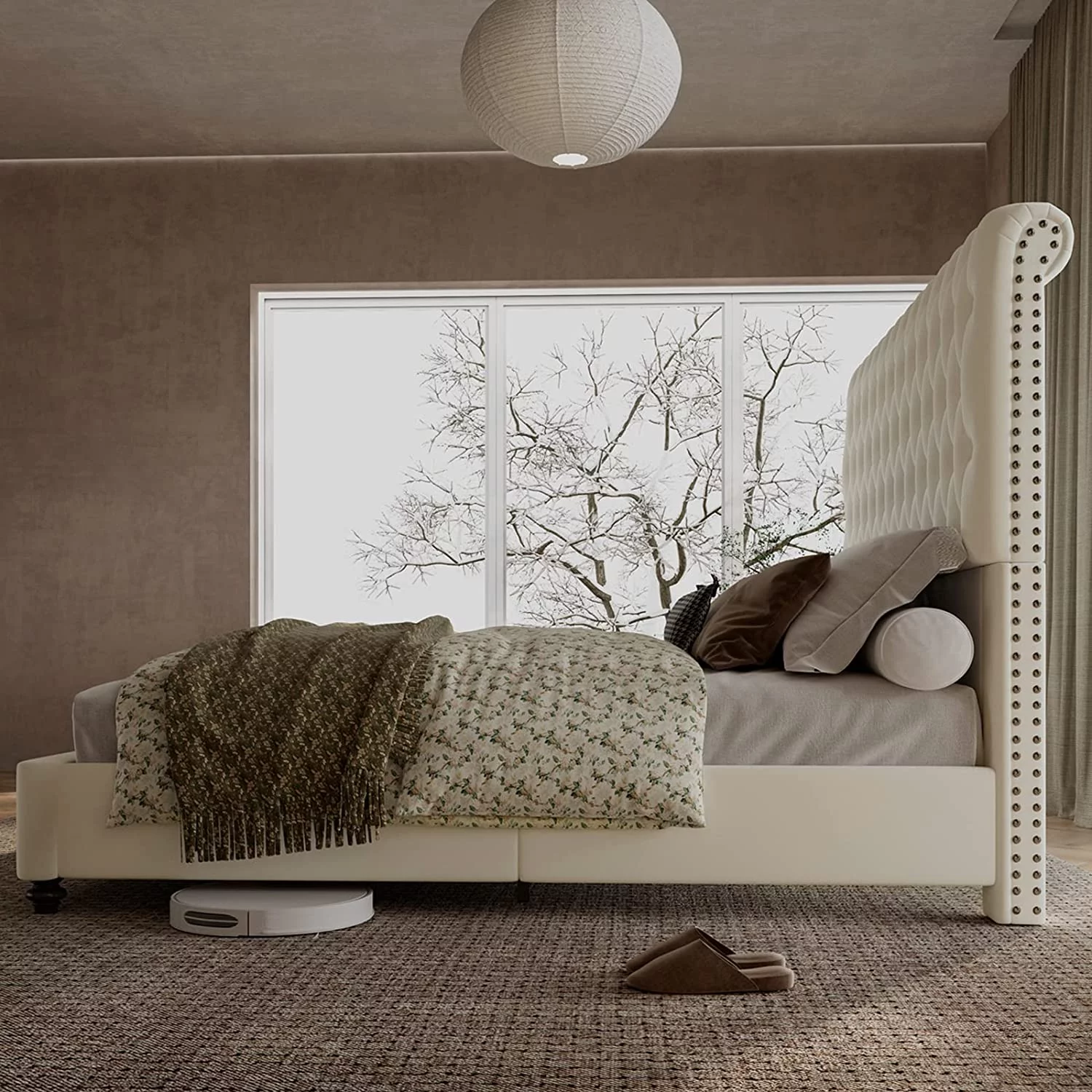 PaPaJet Bed Frame Queen Size Low Profile Velvet Upholstered Sleigh Bed Deep Button Rolled Edge Tufted Headboard, Wood Slats Support/No Box Spring Needed/Easy Assembly/Cream