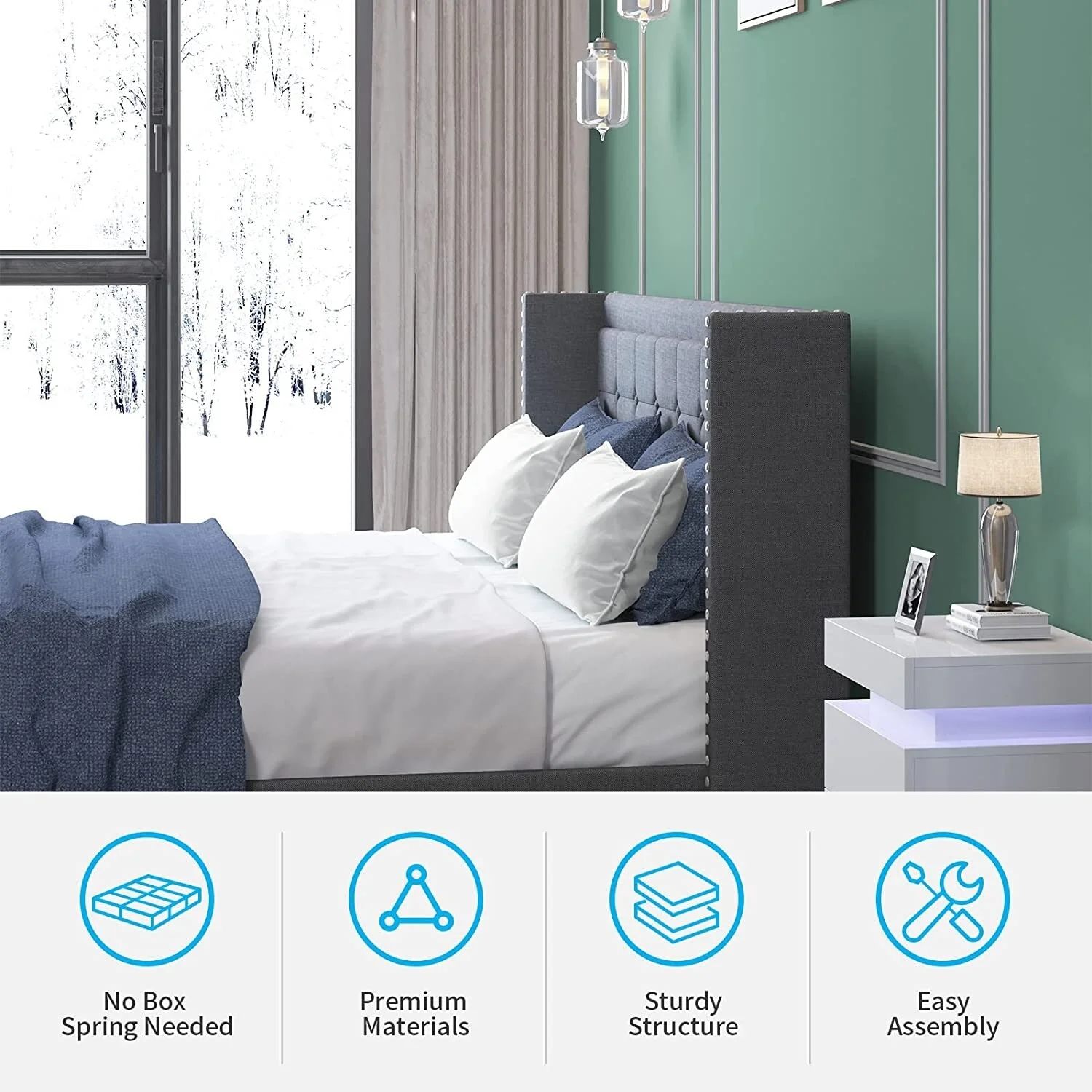Mixoy Thin Velvet Bed Frame with Button Tufted Design Headboard Dark Grey - King