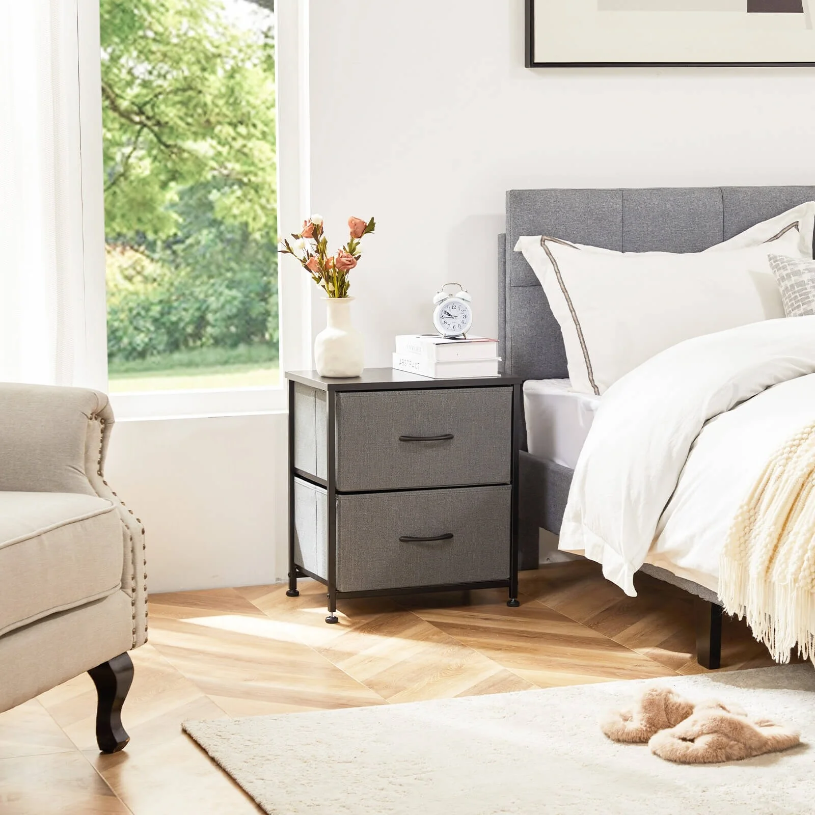 2-Drawer Dresser Chest, Small Fabric Nightstand with Wooden Top and Adjustable Feet,18x20 inch Grey