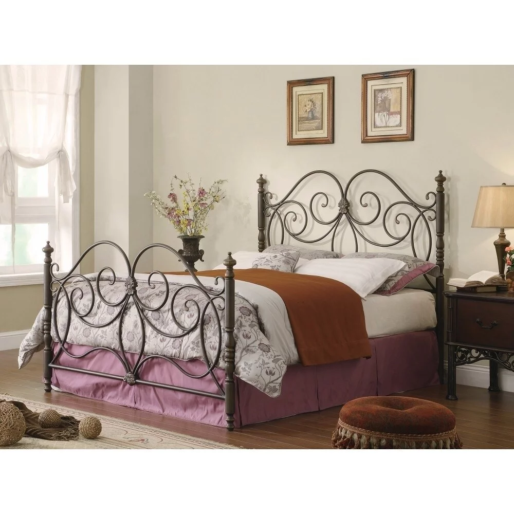 BenJara Queen Size Metal Headboard and Footboard with Scroll Work Details, Dark Bronze-Color:Bronze