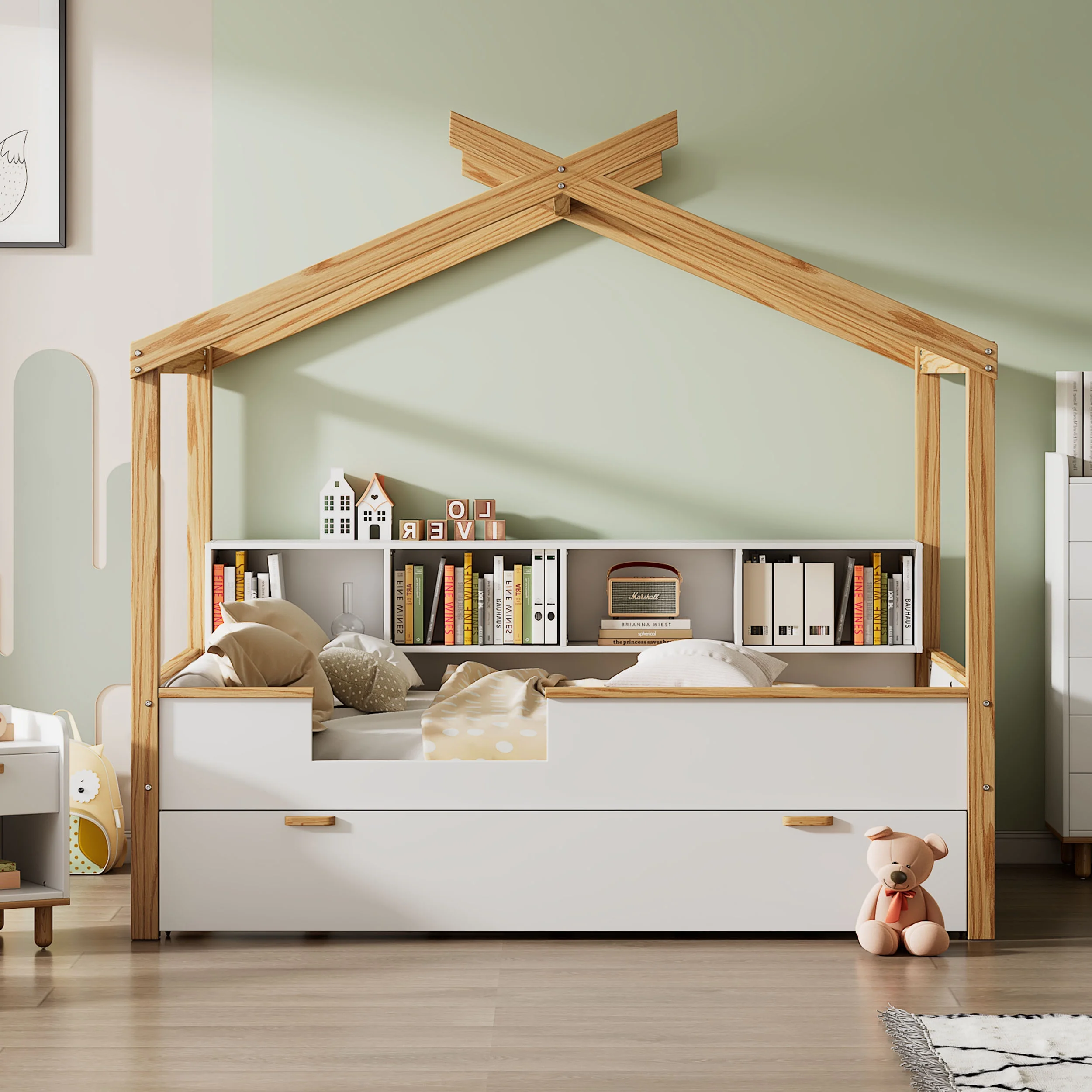 Bellemave Full Size House Bed with Trundle and Storage Shelves, Wood Montessori Beds with Bookcases, Playhouse Bed for Kids Teens Girls Boys (White with Natural)