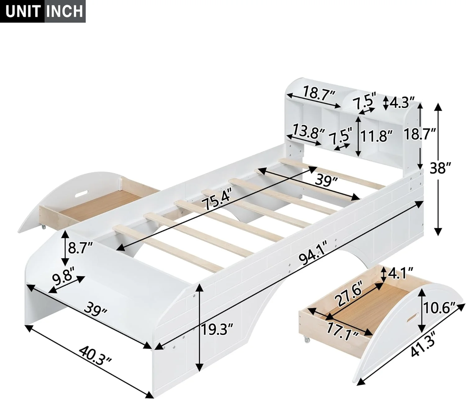 Wood Bed With Bookcase Headboard, Size Platform Bed Frame With 2 Drawers, Storage Headboard And Footboard, No Box Spring Needed, White