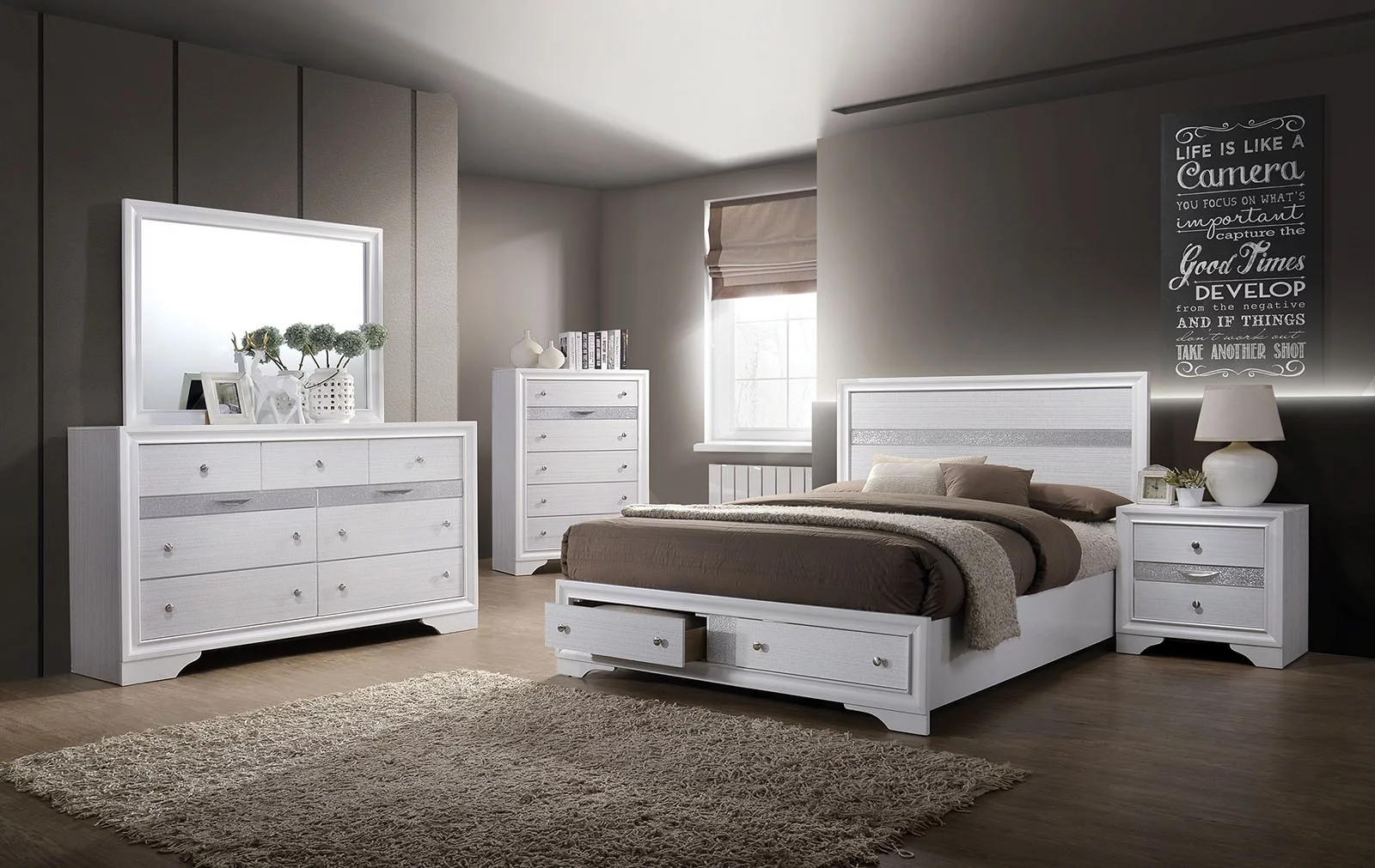 White Color Contemporary Queen Size Bed Panel HB Dresser Nightstand w Jewelry Tray Mirror 4pc Set Silver Accent Solid Wood Bedroom Furniture 4pc Set