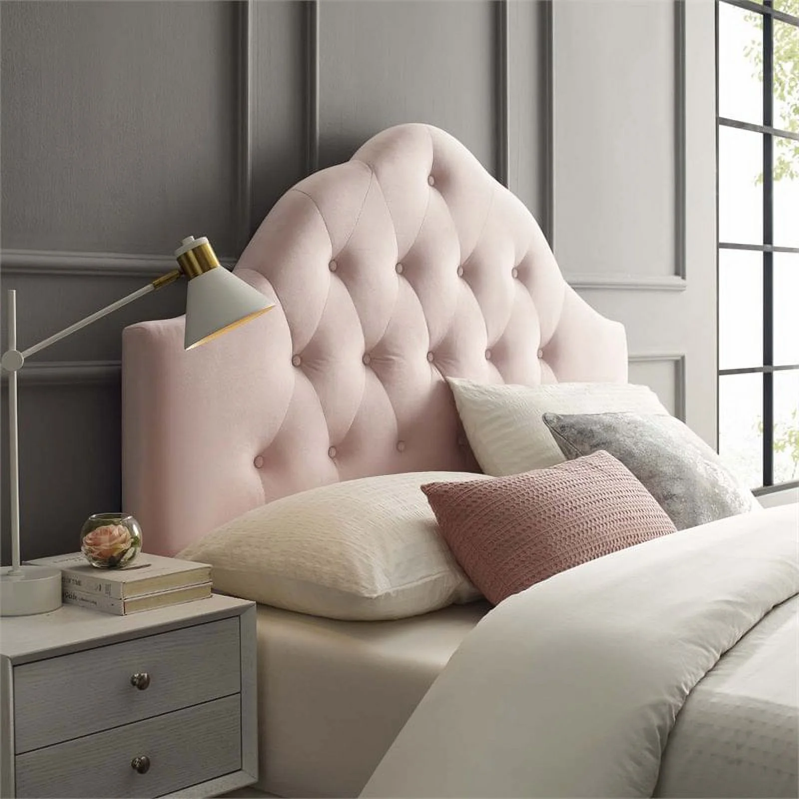 Pemberly Row Modern Diamond Tufted Velvet Queen Headboard in Pink