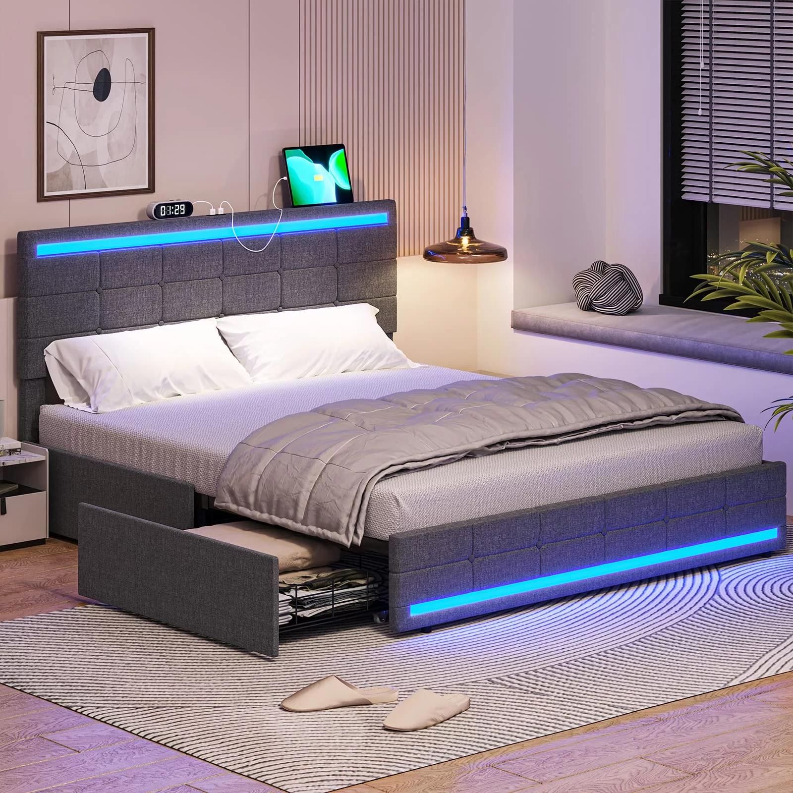 Queen LED Bed Frame with Storage Drawers and USB Ports Charge,Platform Bed Frame with LED Headboard and Footboard,Dark Grey