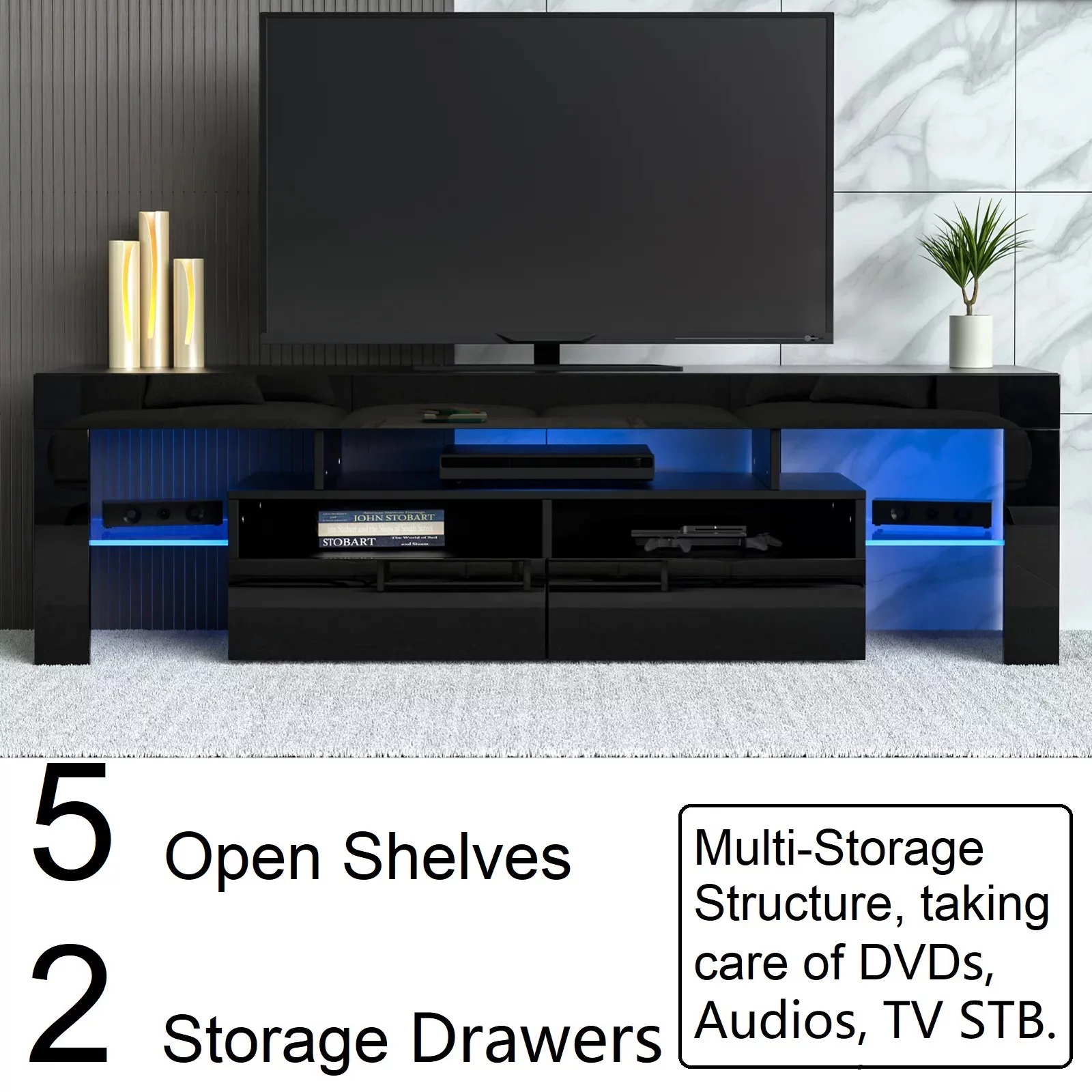 Bonzy Home High Glossy TV Stand for 70 Inch TVs with LED Light, Modern LED TV Unit Media Console with Storage, Black