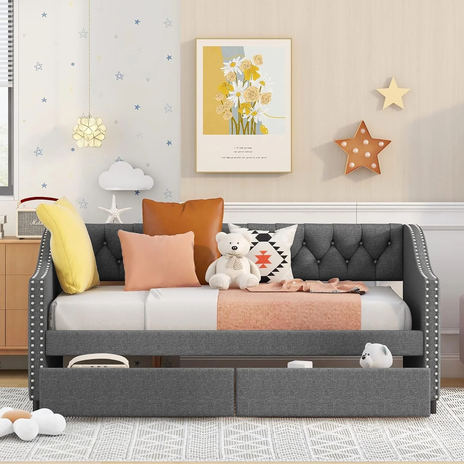 Upholstered Daybed With Storage, Wooden Daybed Frame With 2 Drawers Underneath, Tufted Sofa Bed Daybed With Wood Slat Support For Bedroom,Living Room,Grey