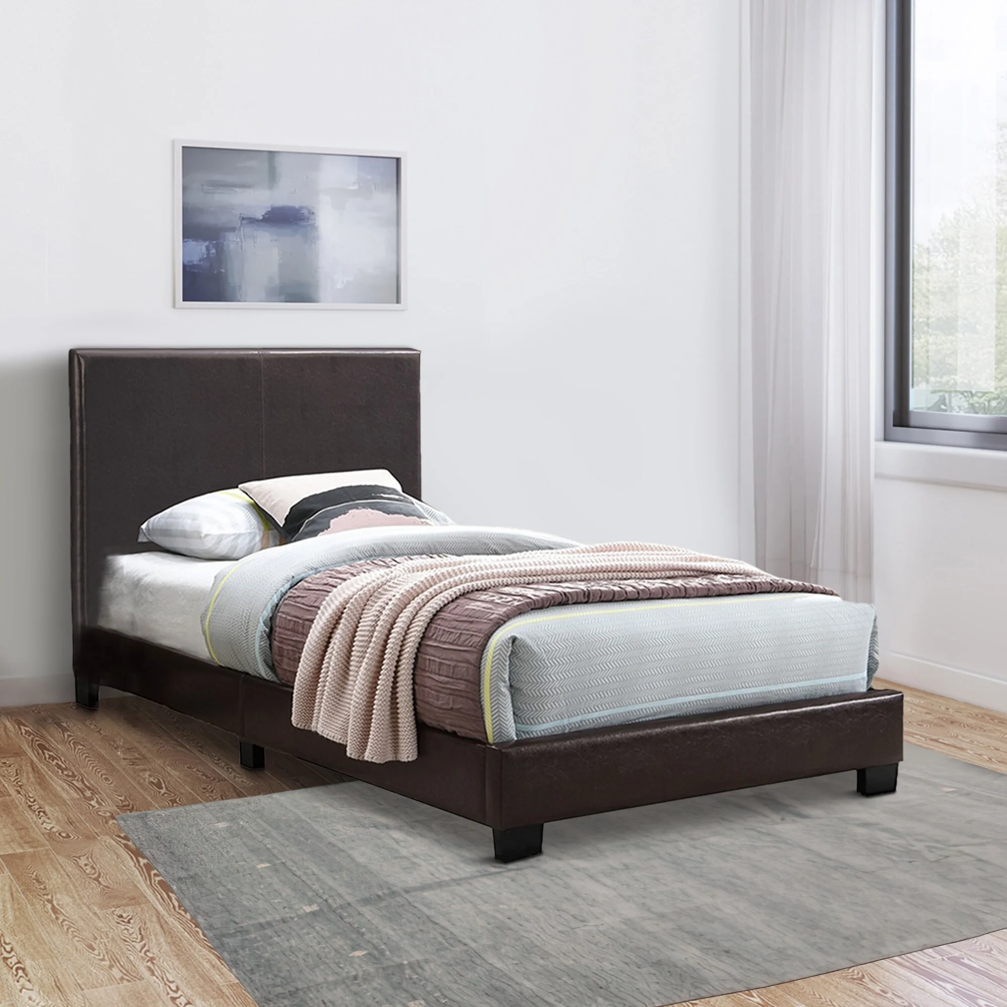 Transitional Style Leatherette Twin Bed with Padded Headboard, Dark Brown