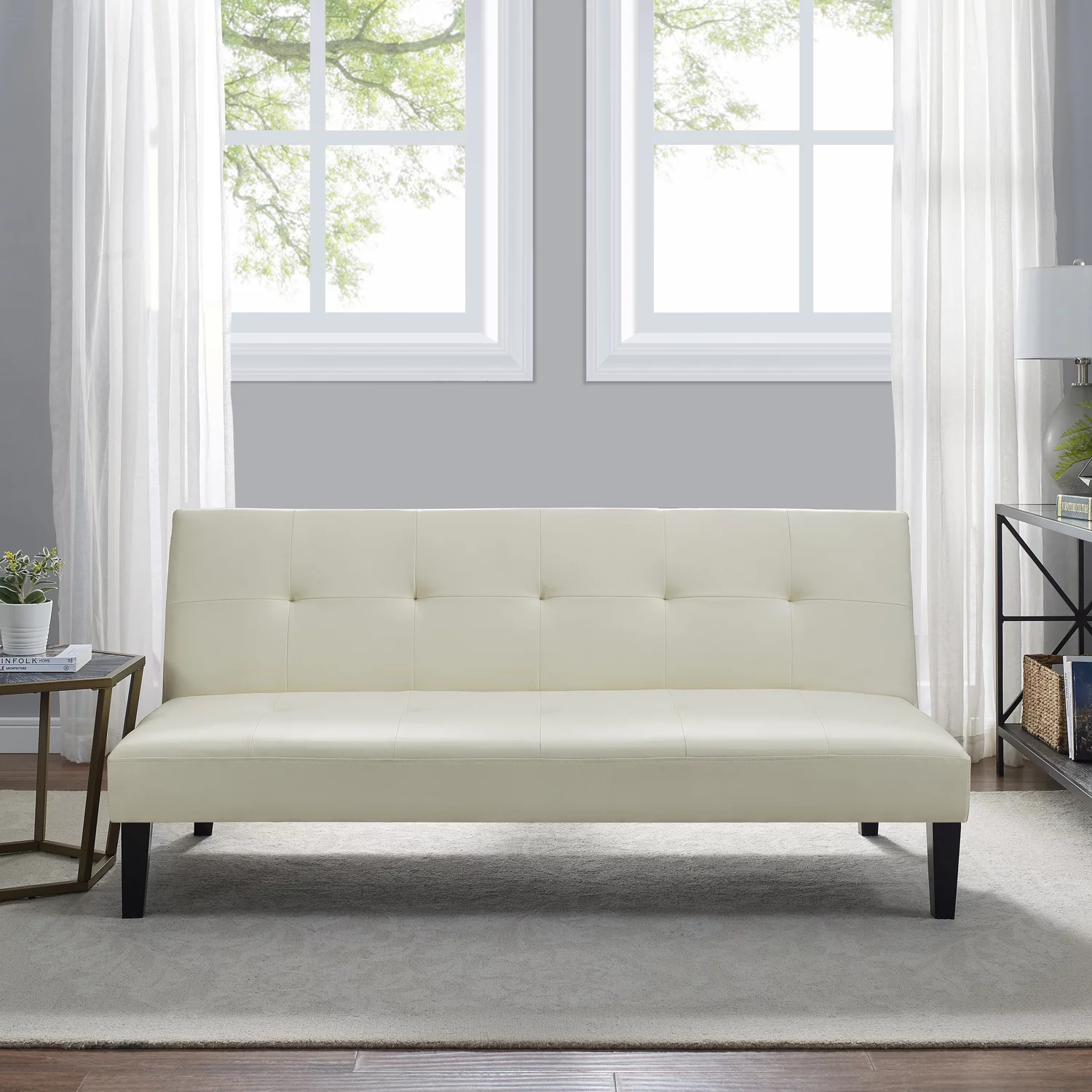 Convertible Faux Leather Futon Sofa Bed, Button Tufted Folding Sofa Couch with Wooden Legs, Cream