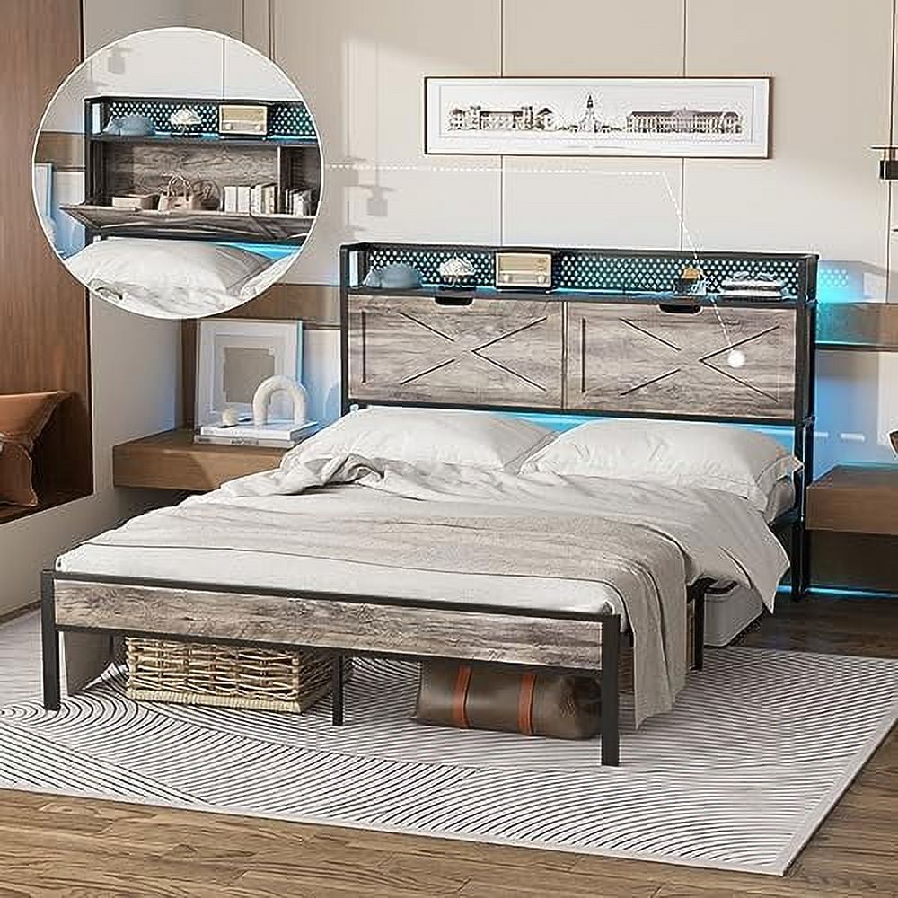 YZboomLife Full Size LED Bed Frame with Headboard Platform Metal Farmhouse Bed with Charging Station 2 Hidden Shelves Noise-Free Wash Grey