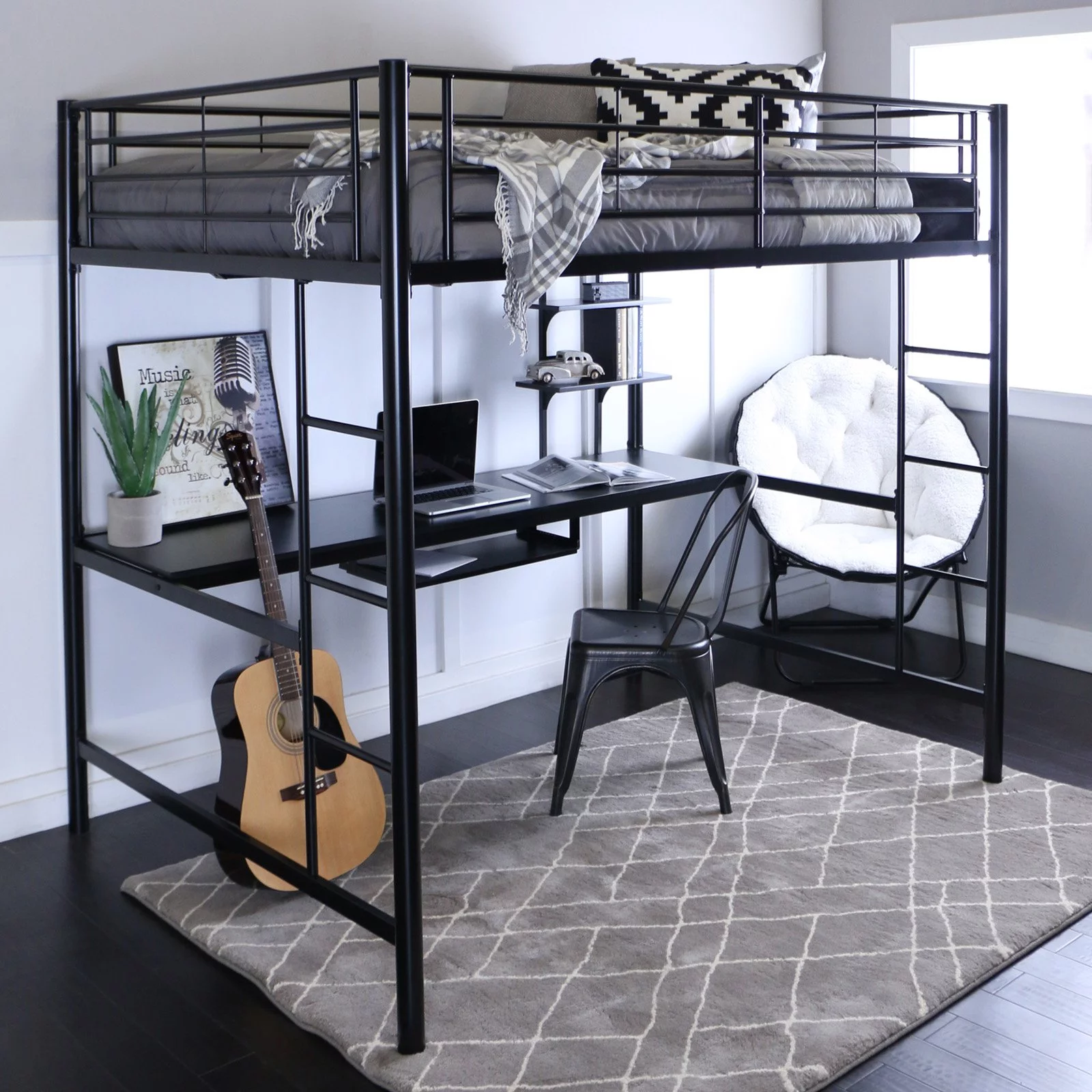 Metal Full over Workstation Desk Bunk Bed in Black