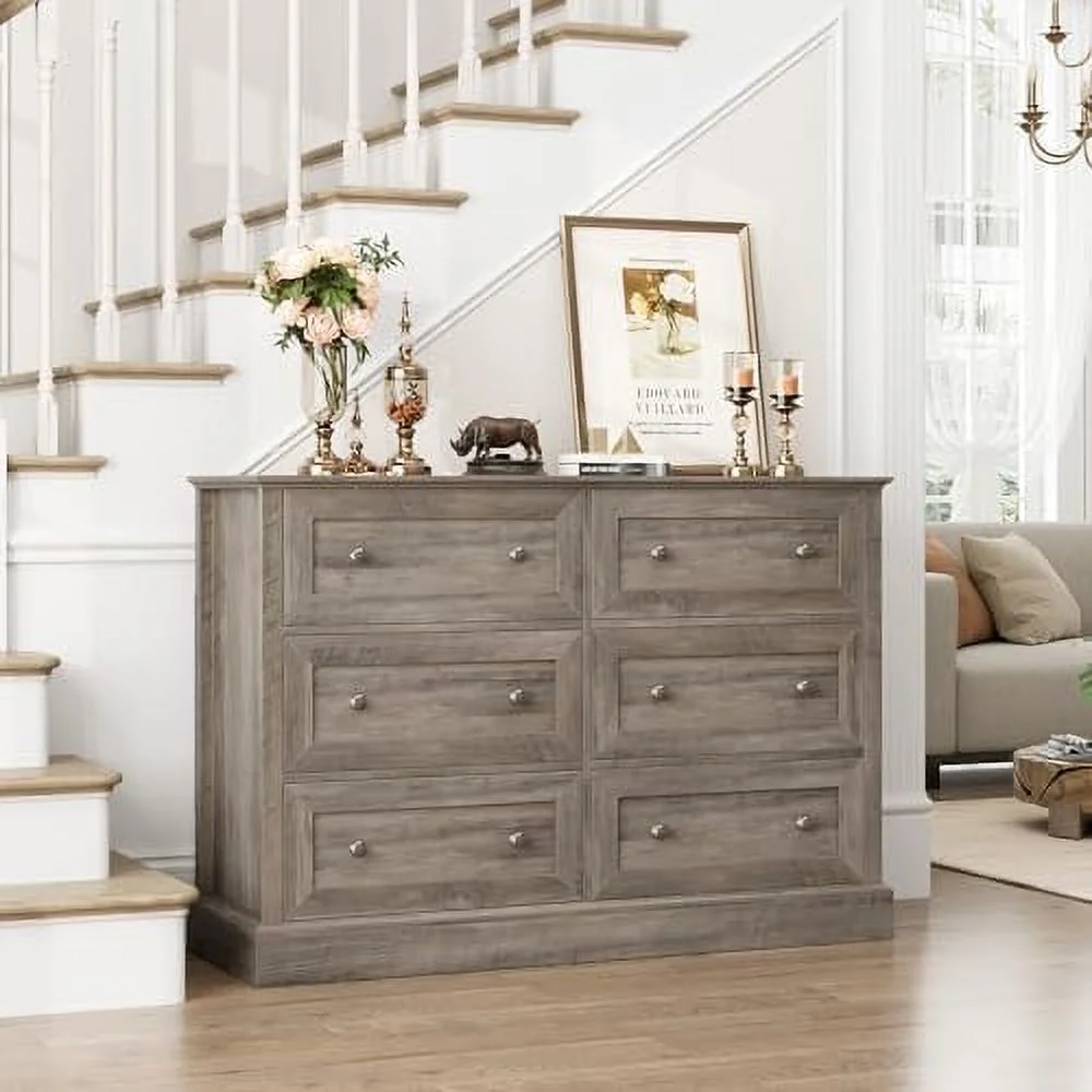 6 Drawer Double Dresser Wood Dresser Chest Wide Chest of Drawers with Deep Drawers & Mental Double Handles for Hallway Living Room Wash Gray