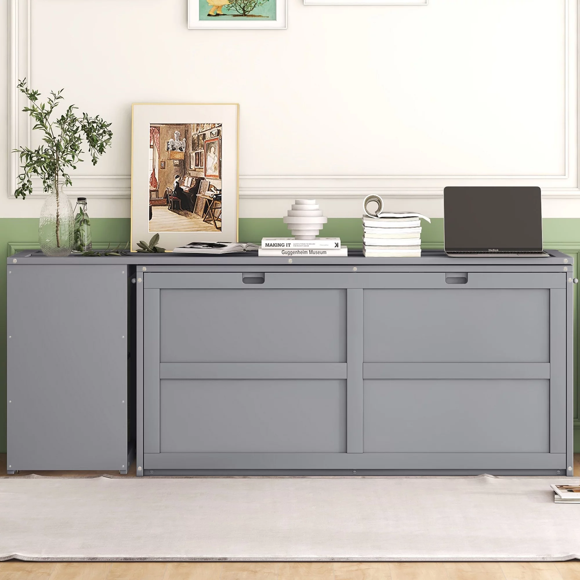 Churanty Queen Size Murphy Bed with Rotable Desk,Cabinet Beds Foldable Wall Bed Frame for Guest Room Home Office, Gray