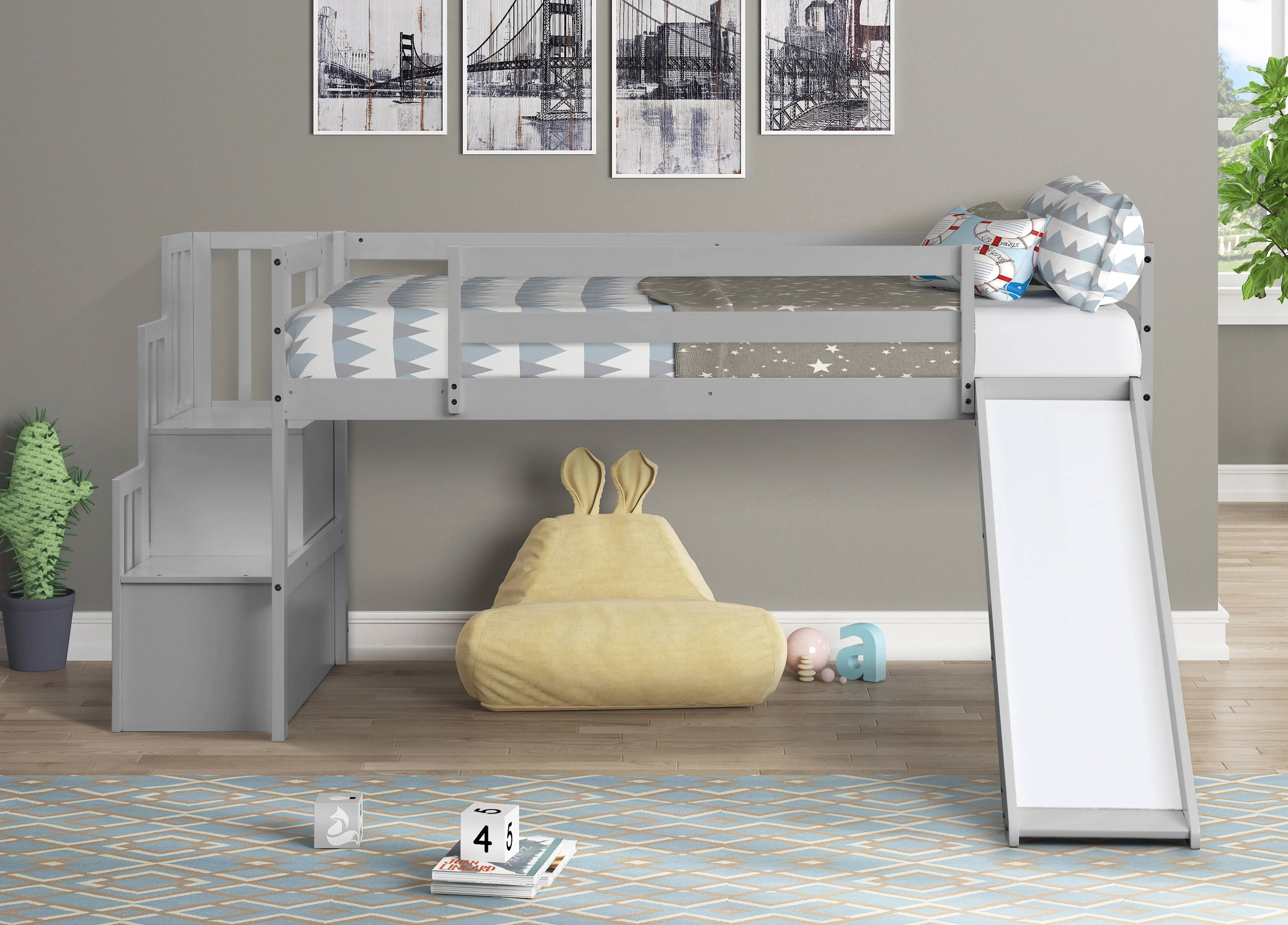 Versatile Loft Bed with Staircase, Storage, Slide - Twin Size, Full-Length Safety Guardrails, No Box Spring Needed - Easy Assembly-Gray