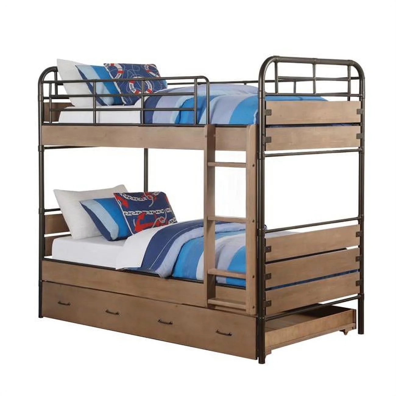 Home Roots  Twin Over Twin Bunk Bed, Antique Oak & Gunmetal