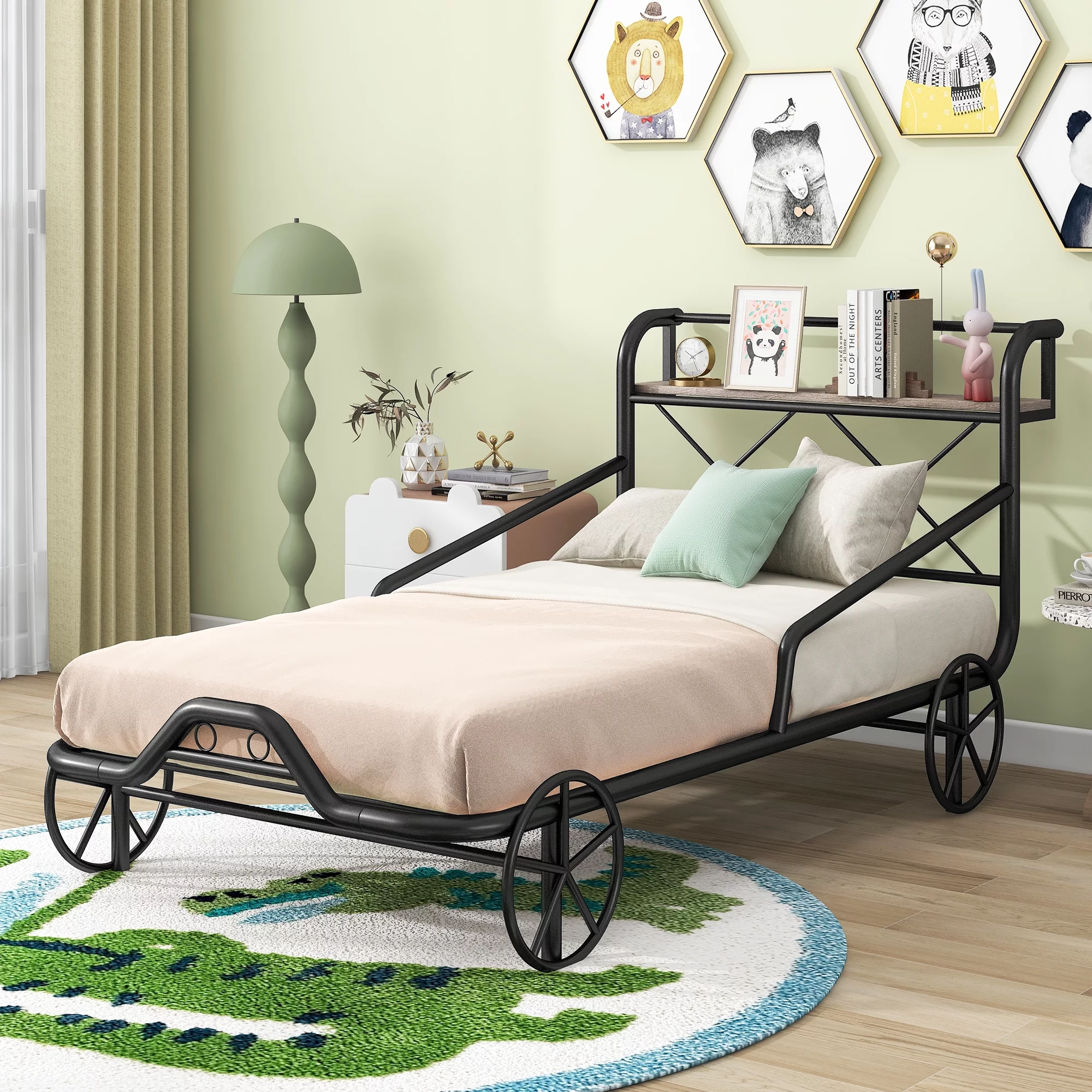 Nestfair Black Twin Size Metal Car Bed with Shelf and 4 Wheels
