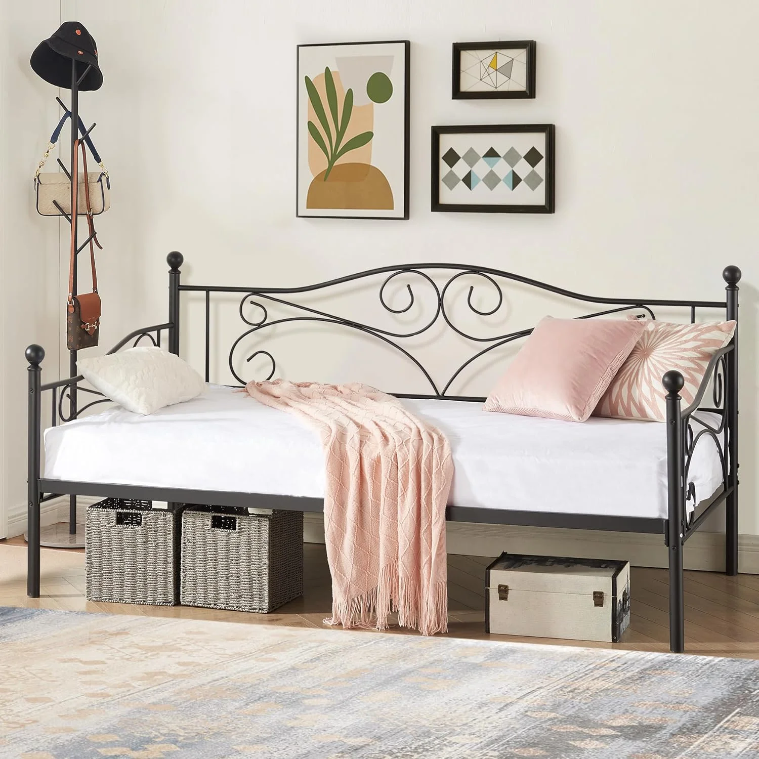 QCAI Daybed, Metal Twin Bed Frame with Headboard, Heavy Duty Steel Slats Support for Living Room Bedroom Guest Room, Easy Assembly