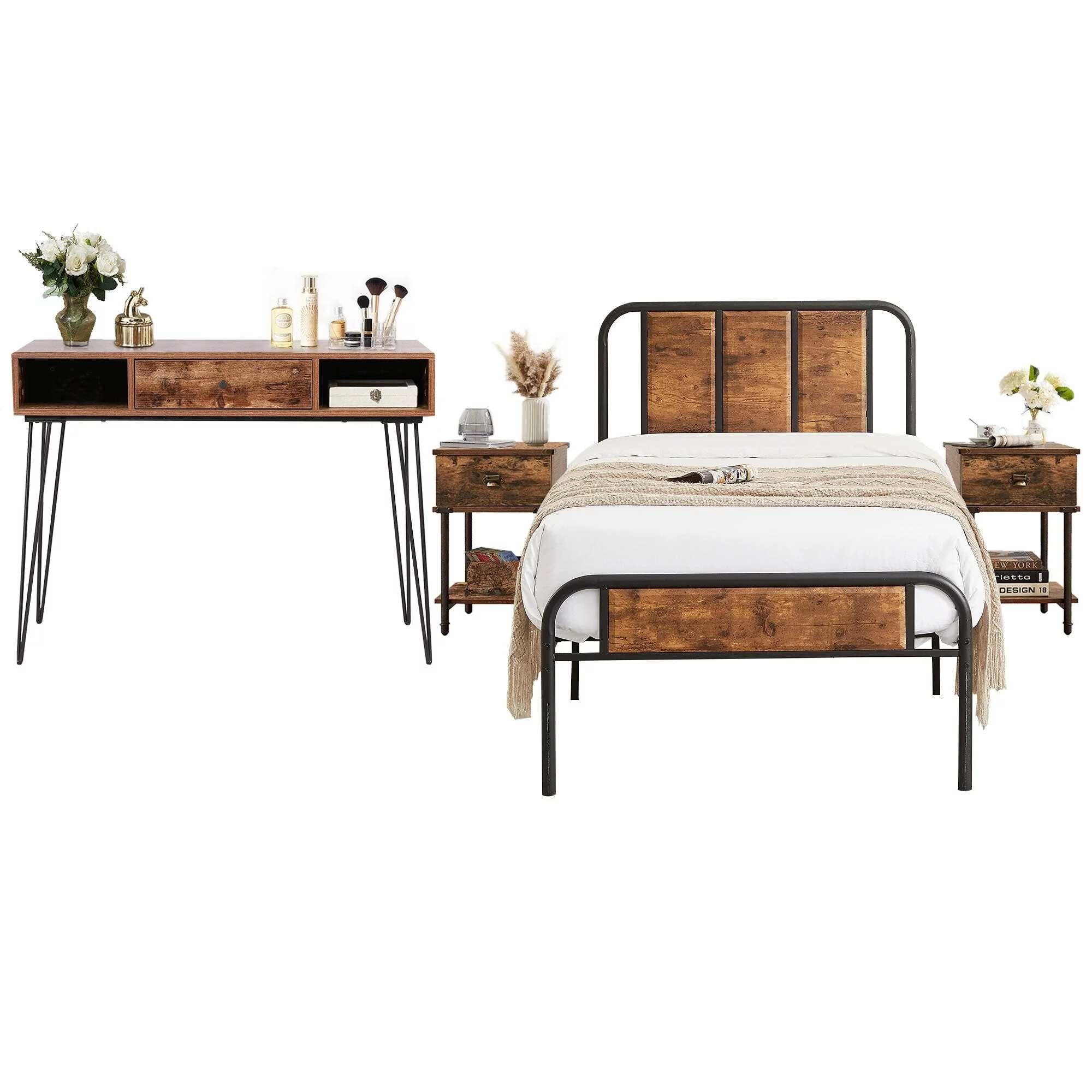 Industrial 4-pieces Bedroom Set Bed Frame Modern Nightstands Set of 2 and Makeup Desk Twin