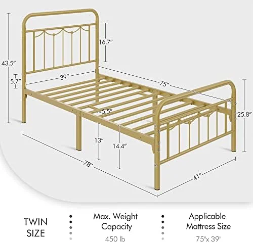 HBBOOMLIFE 2 Pcs Twin Size Metal Bed Frame with Vintage Headboard and Footboard  Farmhouse Platform Bed  Heavy Duty Steel Slat Support  13 Inch Under-Bed   No Noise  No Box Spring Needed
