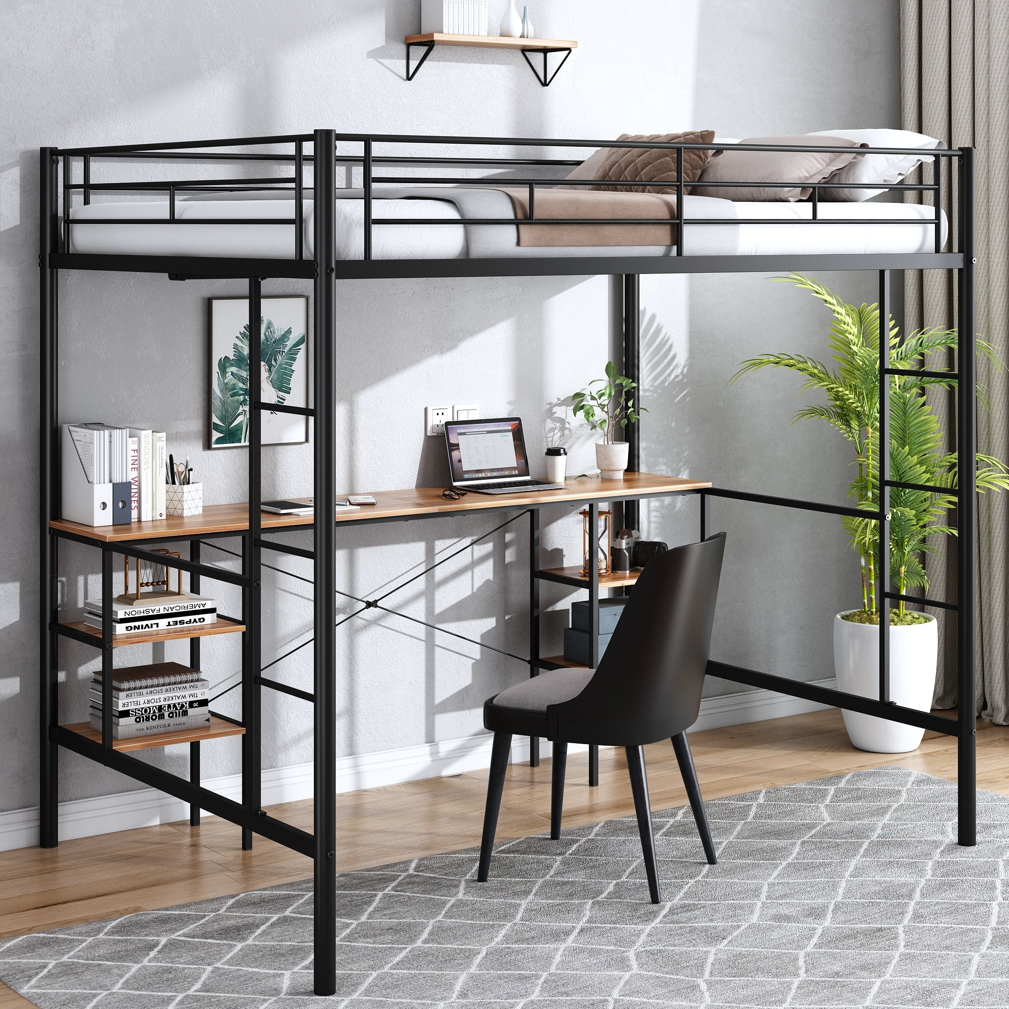 Syngar Loft Beds Full Size with Desk, 2 Slides, Stairs, Full-Length Guardrail, 4 Storage Shelves, Bunk Beds with Desk for Kids/Teens Bedroom, Heavy Duty Metal, 21 Slats Support, Full, Black