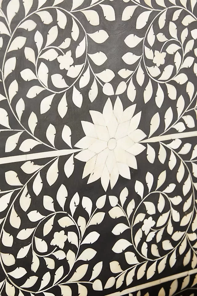 LAKECITY ARTS Bone Inlay Floral Design Four Poster Bed Black, Bone Inlay Floral Design Four Poster Double Bed Black