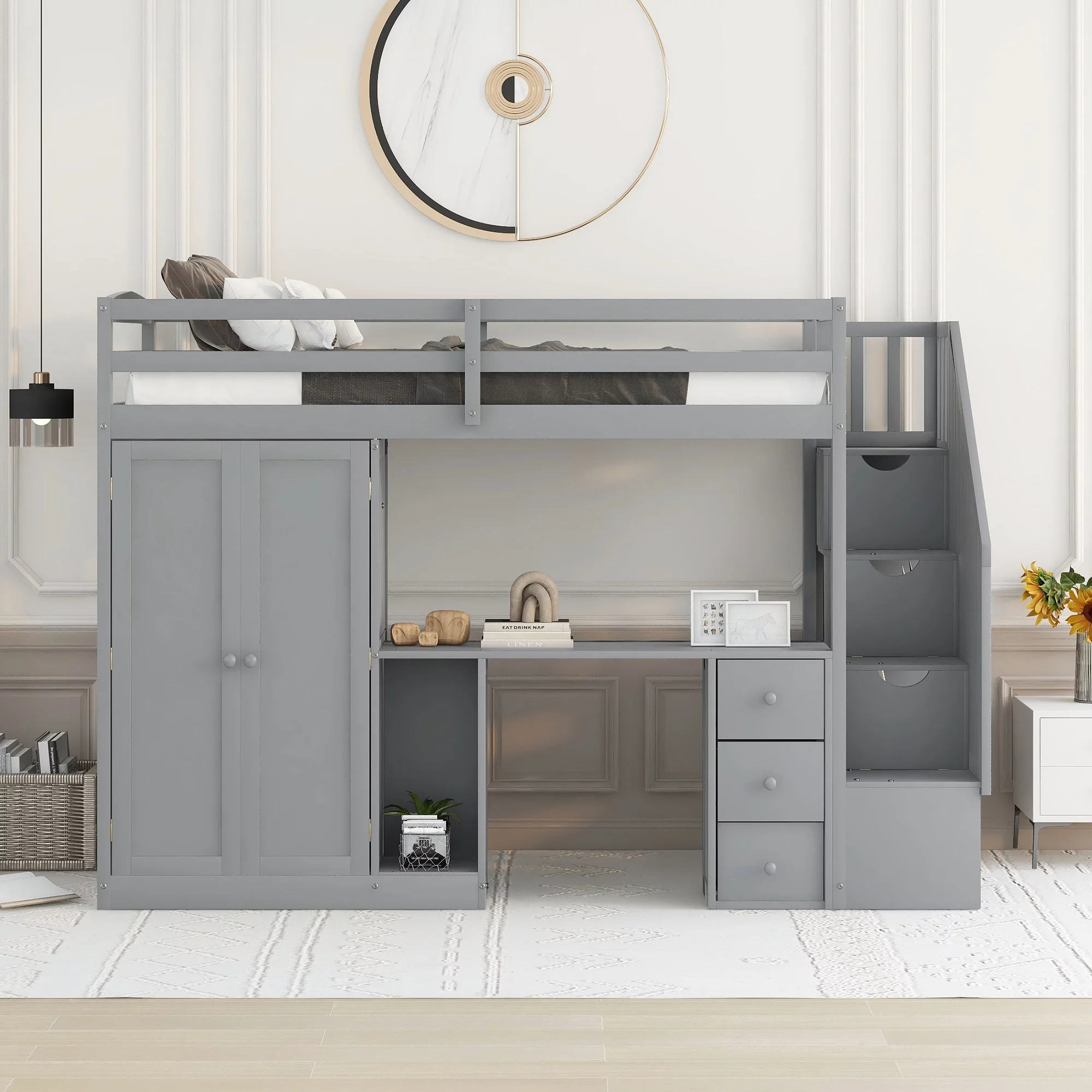 Euroco Twin Size Pine Wood Loft Bed with Desk, Drawers and Wardrobe for Kids Room, Storage Staircase, Sapce-Saving Shelf, Gray