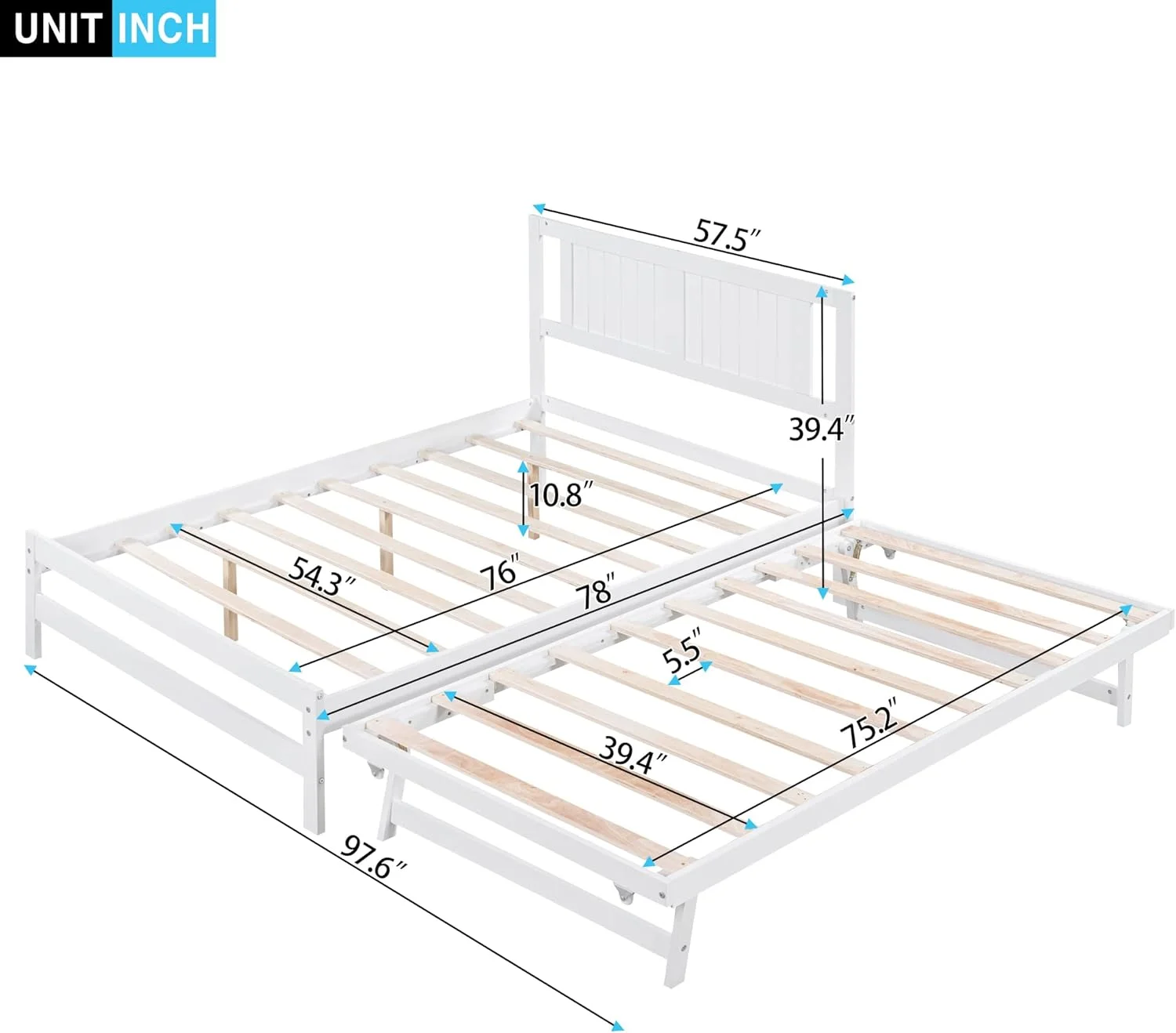 Extend Full Bed With Trundle, Convertible Platform Bed, Full Size Platform Bed With Headboard And Trundle For Kids Teens(White)