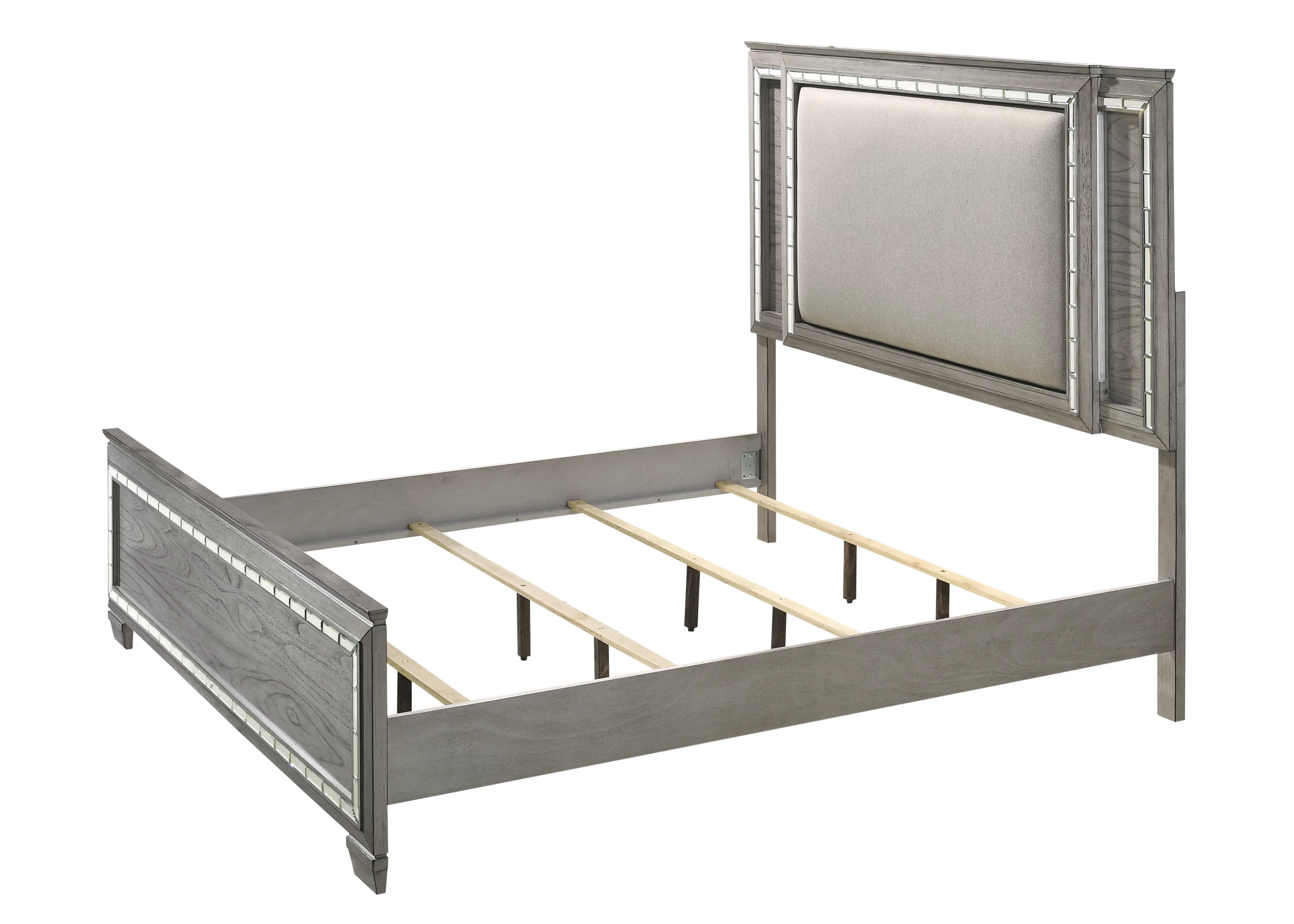 ACME Antares Queen Upholstered Wooden Panel Bed with LED in Gray Oak