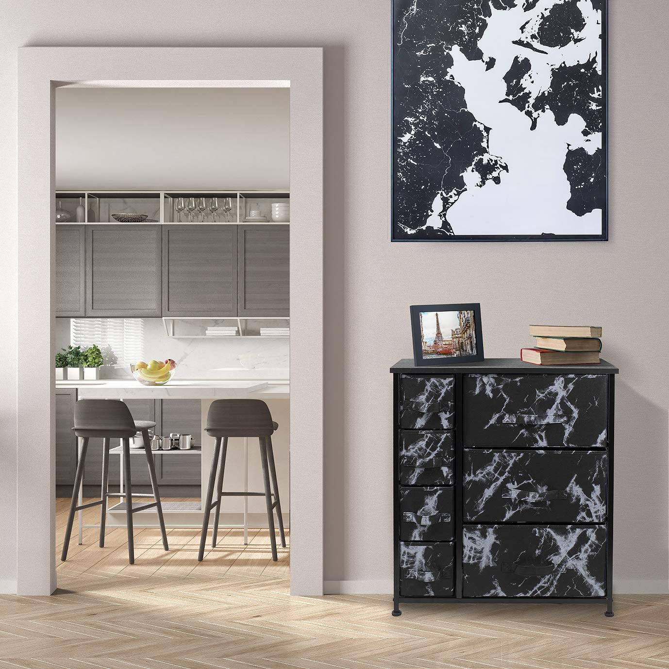 Sorbus Dresser with 7 Drawers- Black Frame, Black Marble Drawers