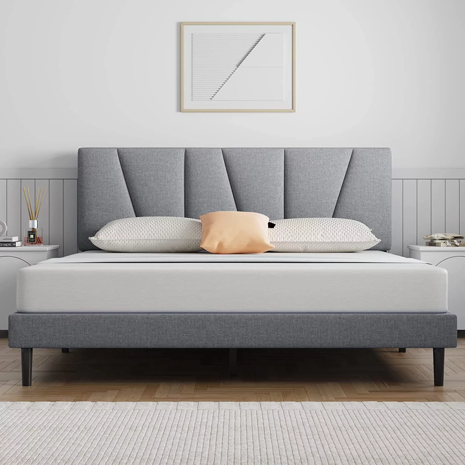 WAGEE Queen Bed Frame Upholstered Platform with Headboard and Strong Wooden Slats, Strong Weight Capacity, Non-Slip and Noise-Free,No Box Spring Needed, Easy Assembly,Light Gray