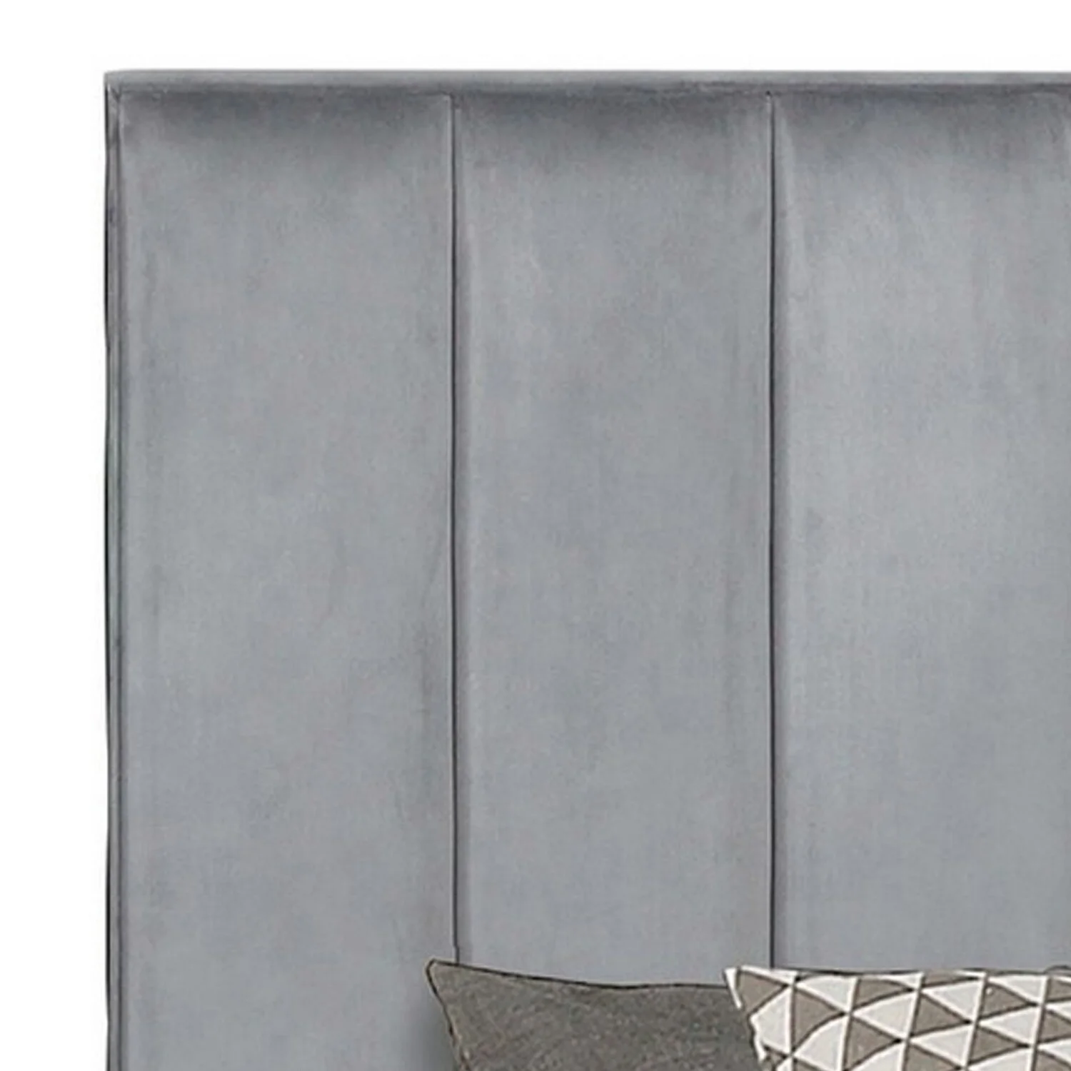 Benjara  Velvet Upholstery Vertical Channeled Headboard Esa Queen Size Panel Bed, Gray & Black