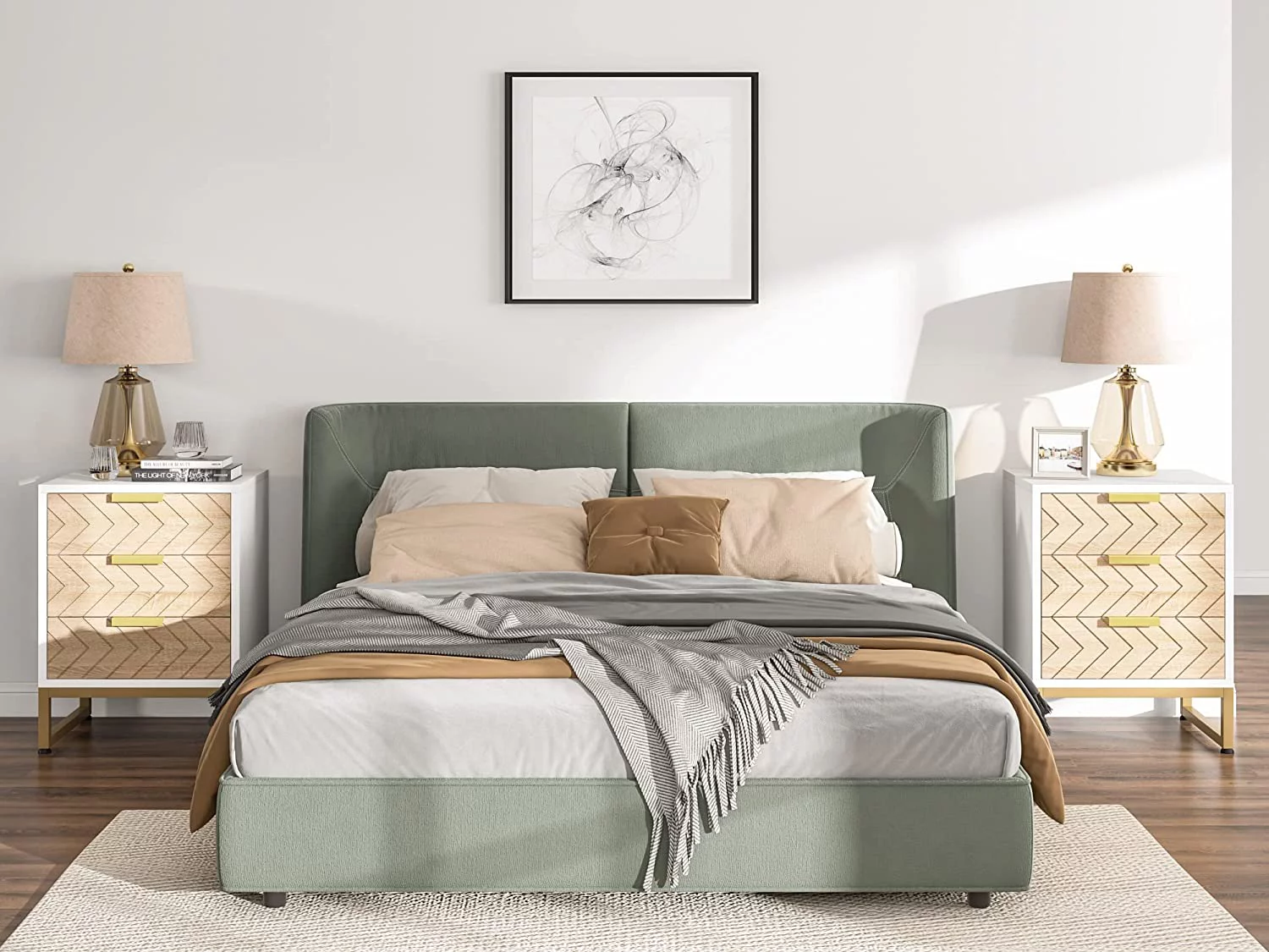 Tribesigns Nightstand Set of 2, Modern 3 Drawers Bedside Table with Unique Zig Zag Design, White Gold Side End Table for Bedroom Living Room