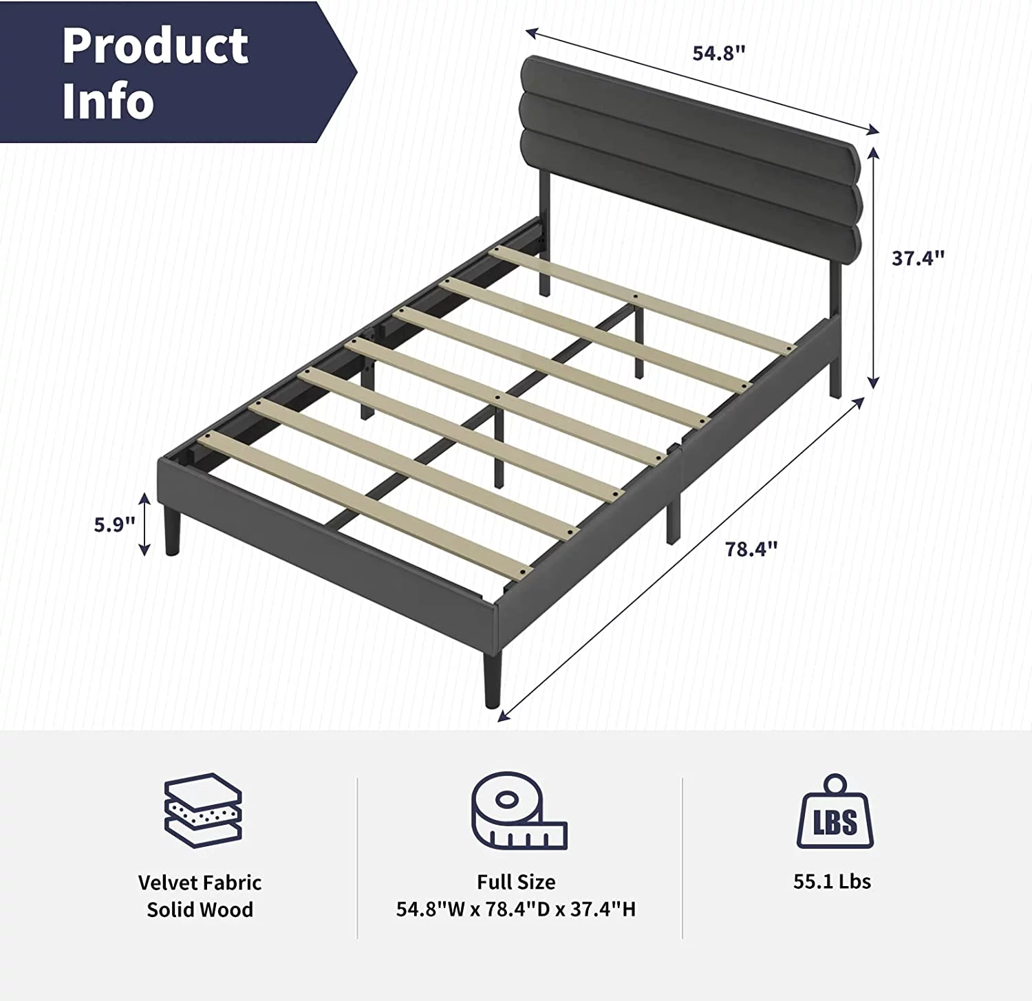 ZAFLY Upholstered Full Size Bed Frame with Adjustable Headboard,Velvet Platform Bed Frame Full,Wood Slat Support,Fully Upholstered Mattress Foundation/No Box Spring Needed,Easy Assembly,Dark Grey