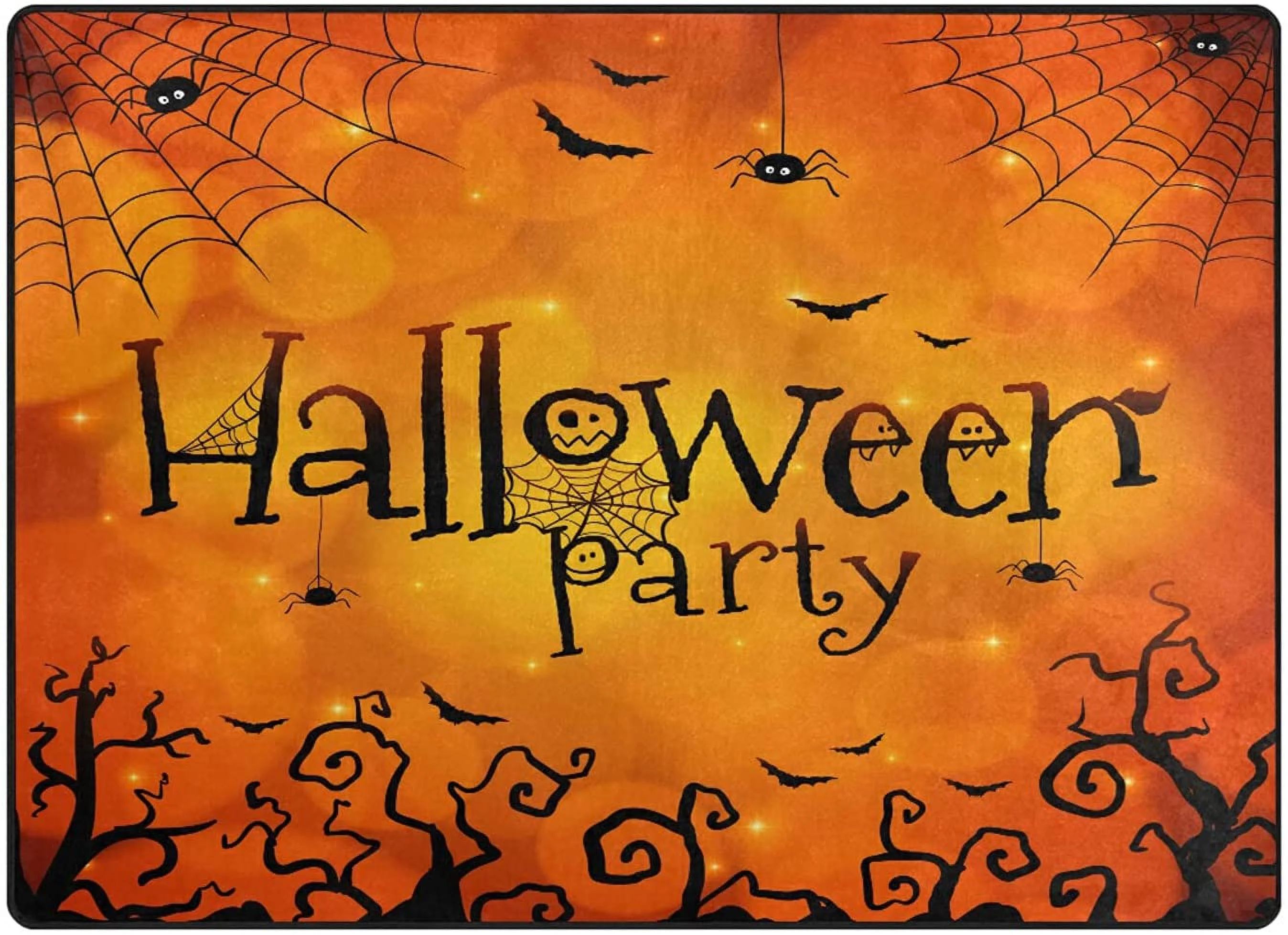 FREEAM Halloween Spider Web Bat Orange Area Rug Mat for Living Dining Dorm Room Bedroom Home Decorative 7' x 5'