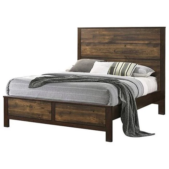 Roki Platform Bed with Panel Design, Rustic Dark Brown - Queen Size