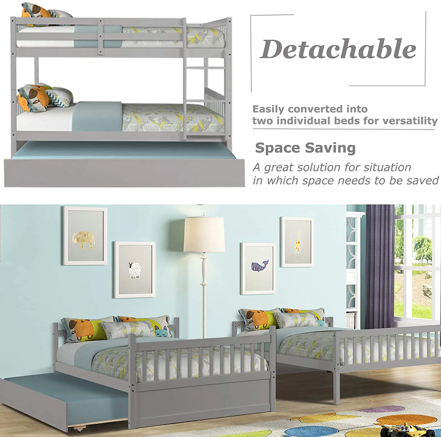 CoSoTower Full Over Full Bunk Bed with Trundle for Kids, Convertible to 2 Full Size Platform Bed, Wood Full Bunkbed with Full-Length Safety Guard Rail and Ladders, Gray