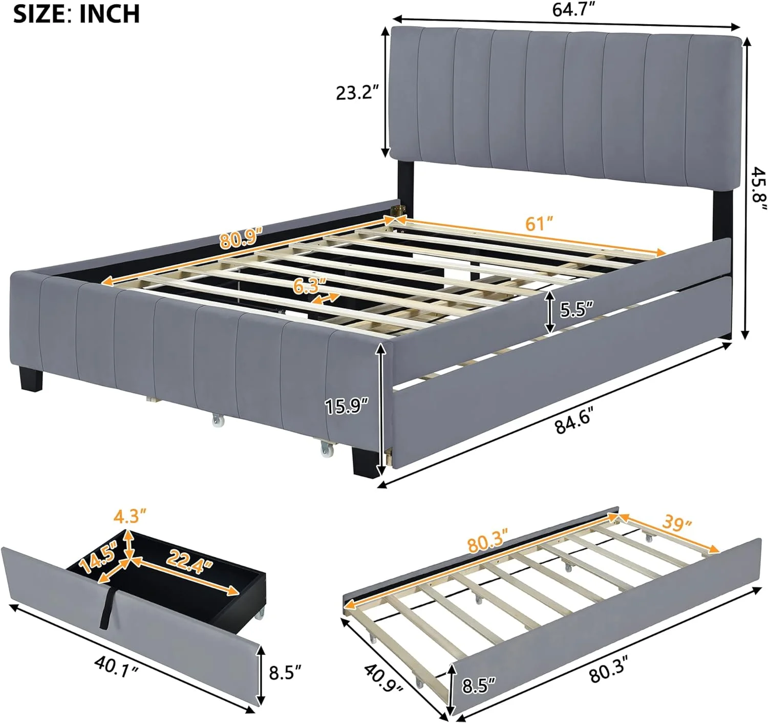 Queen Bed Frame With Trundle And 2 Storage Drawers Velvet Upholstered Platform Bed With Tufted Headboard, Queen Size Beds With XL Trundle Bed, Gray